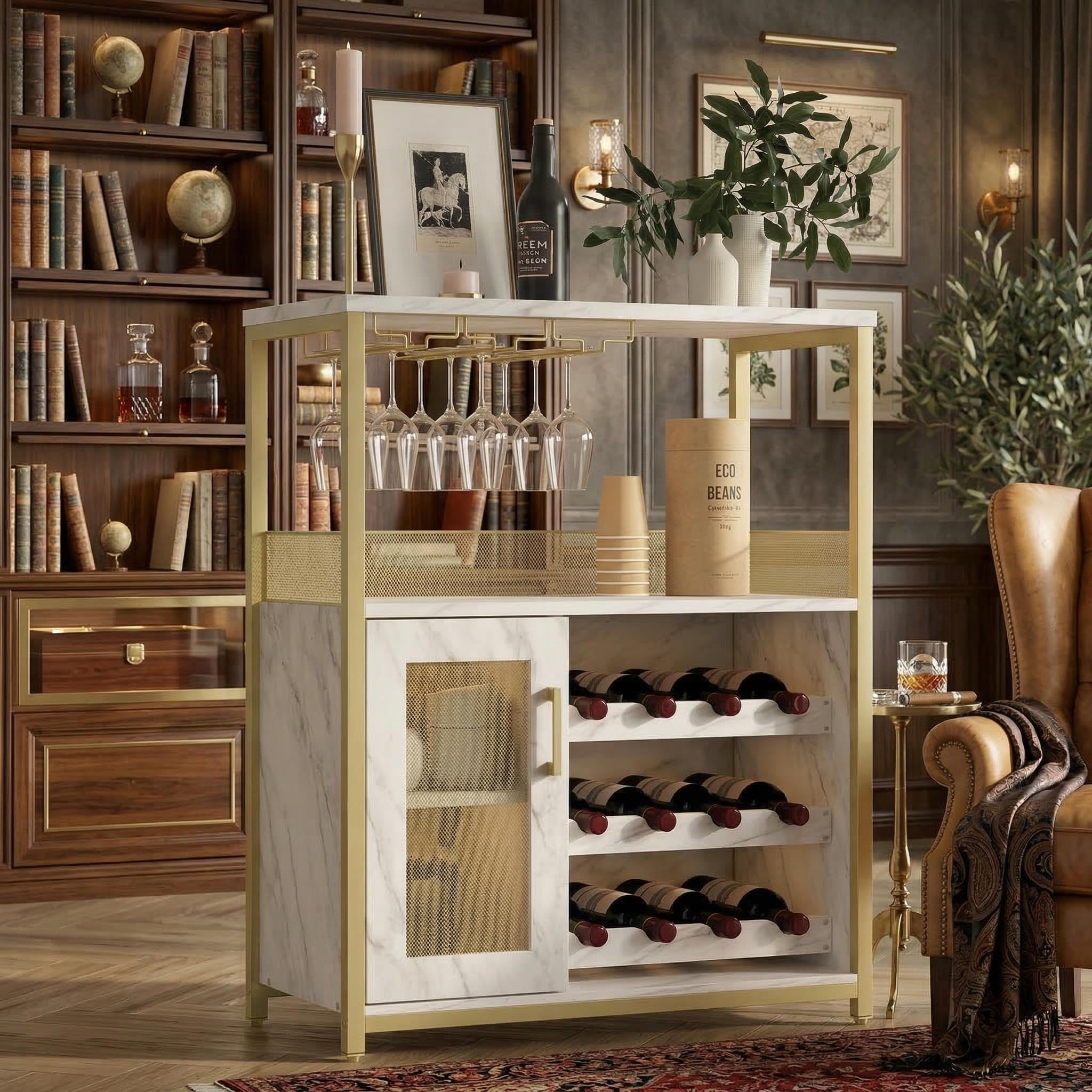 Weinbar Schrank 36" – Kompakter Bar Schrank Mit Verstellbaren Ablagen, Glashalter & Metallgittertür – Liquorschrank & Kaffeebar Möbel Für Küche & Esszimmer, Gold+Lampe