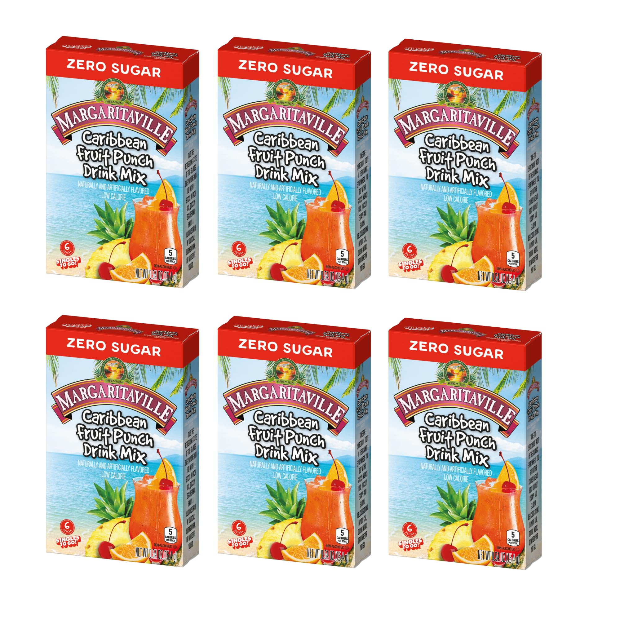 Margaritaville Caribbean Fruit Punch Drink Mix - Pack of 6-6 Per Box - 36 Total Servings - Singles To Go - Low Calorie Powdered Drink Mix - Just Add Water