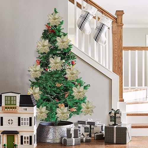 Miniatura 6 de AotheFory Flores rojas de Pascua de Navidad, paquete de 6 flores de tela con purpurina de 9 pulgadas, adornos para coronas de Navidad, guirnaldas,