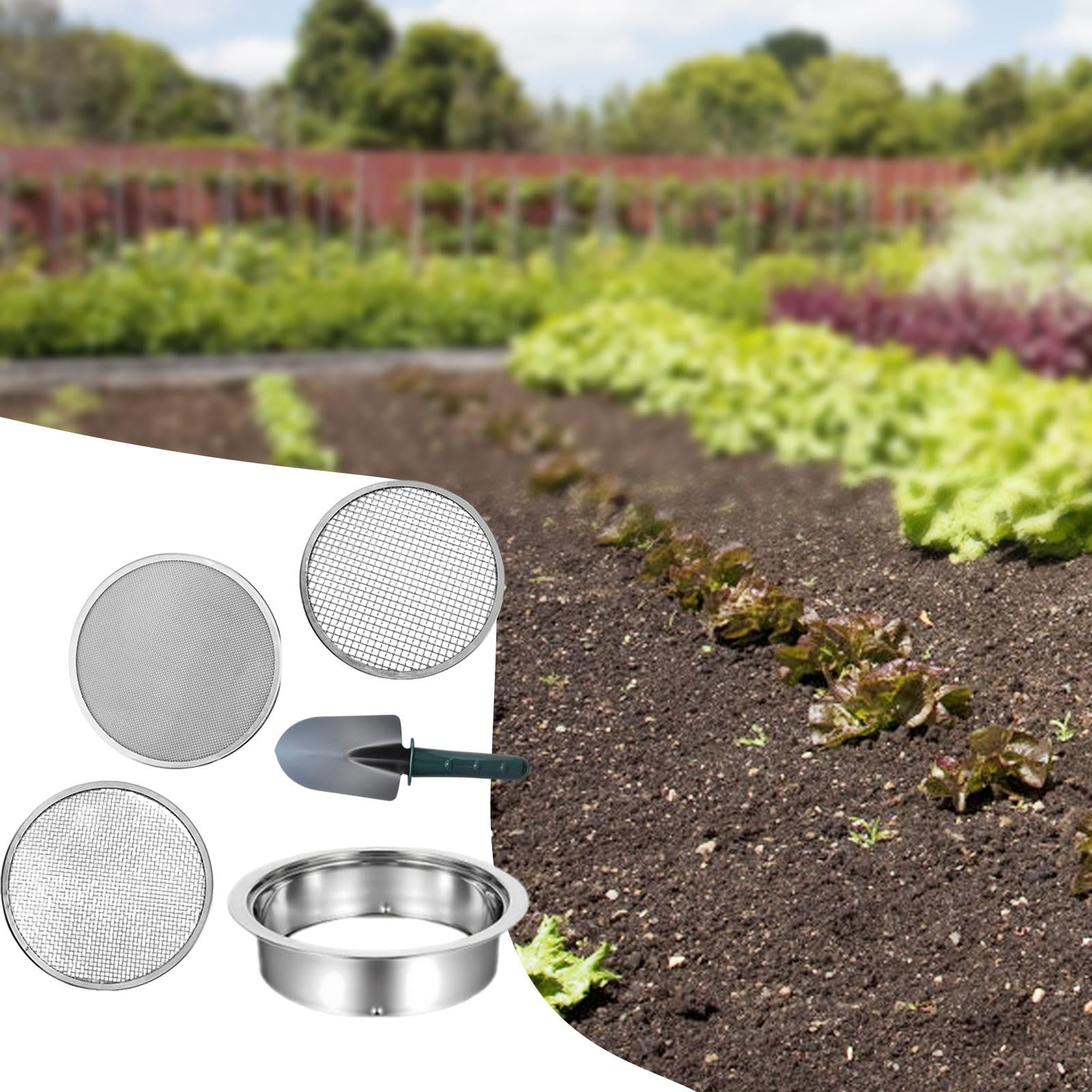 3 Piezas Criba Set de de Jardín con Bandeja de Reemplazo Mallas Resistentes y Pala para Separar Rocas Adecuado para Huertos, Pala Verde de 3 Mallas