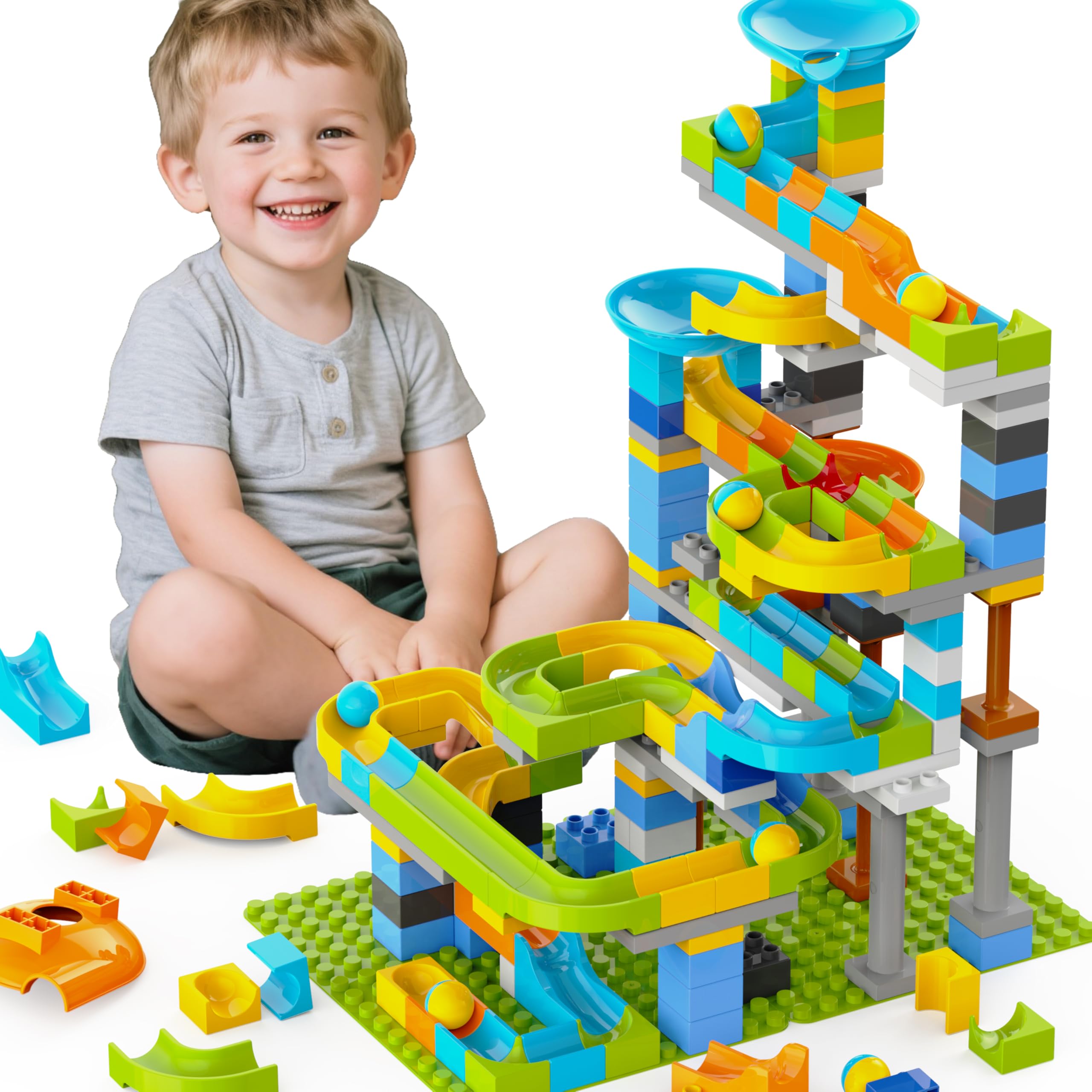 3in1 Marble Runs for Kids 3-5, 203pcs Compatible with Lego DUPLOS for Age 2-5, Marble Runs for Kids 4-8, STEM Building Toys, Toddler Toy, Marble Track, Marble Run Toy, Montessori Toy Gift for Age 3+