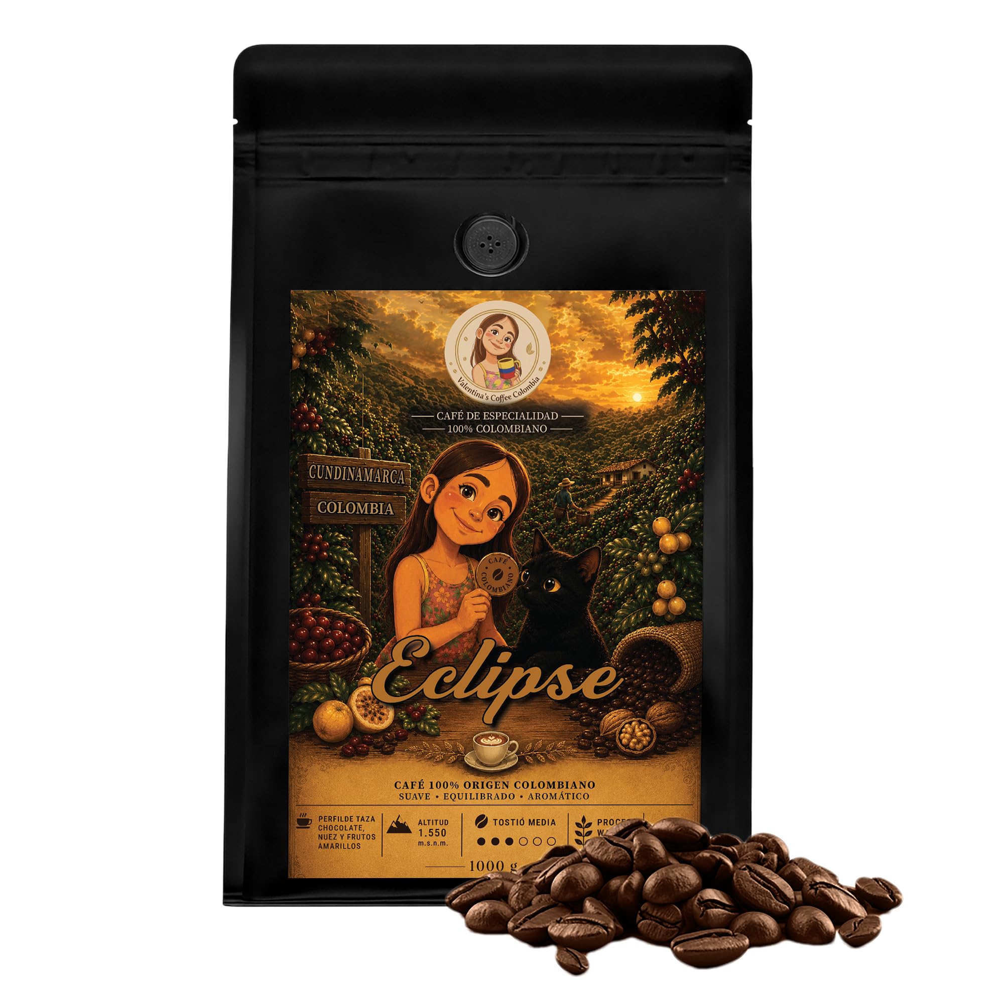 Valentina's Coffee | Eclipse | 1000 gr | En Grano | Sabor Chocolate. Nuez. Frutas amarillos | Intensidad Media | 100% Café Colombiano de Especialidad