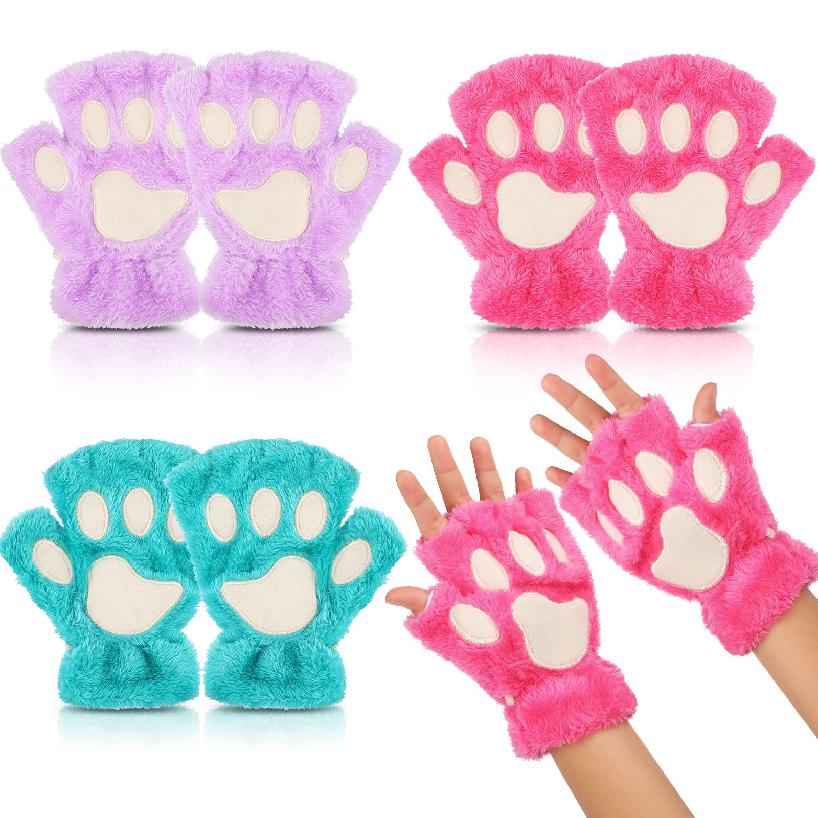 Geyoga 3 Pairs Cat Paw Gloves Therian Theme Furry Kawaii Plush Fingerless Paws Cosplay Gloves Girls Women Gift Costume Favor(Rose Red, Purple, Peacock Blue)