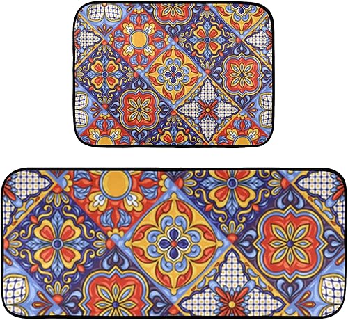 Juego de 2 alfombras y tapetes de cocina con patrón de azulejos de cerámica mexicana Talavera, acolchados, antifatiga, antideslizantes, alfombras y