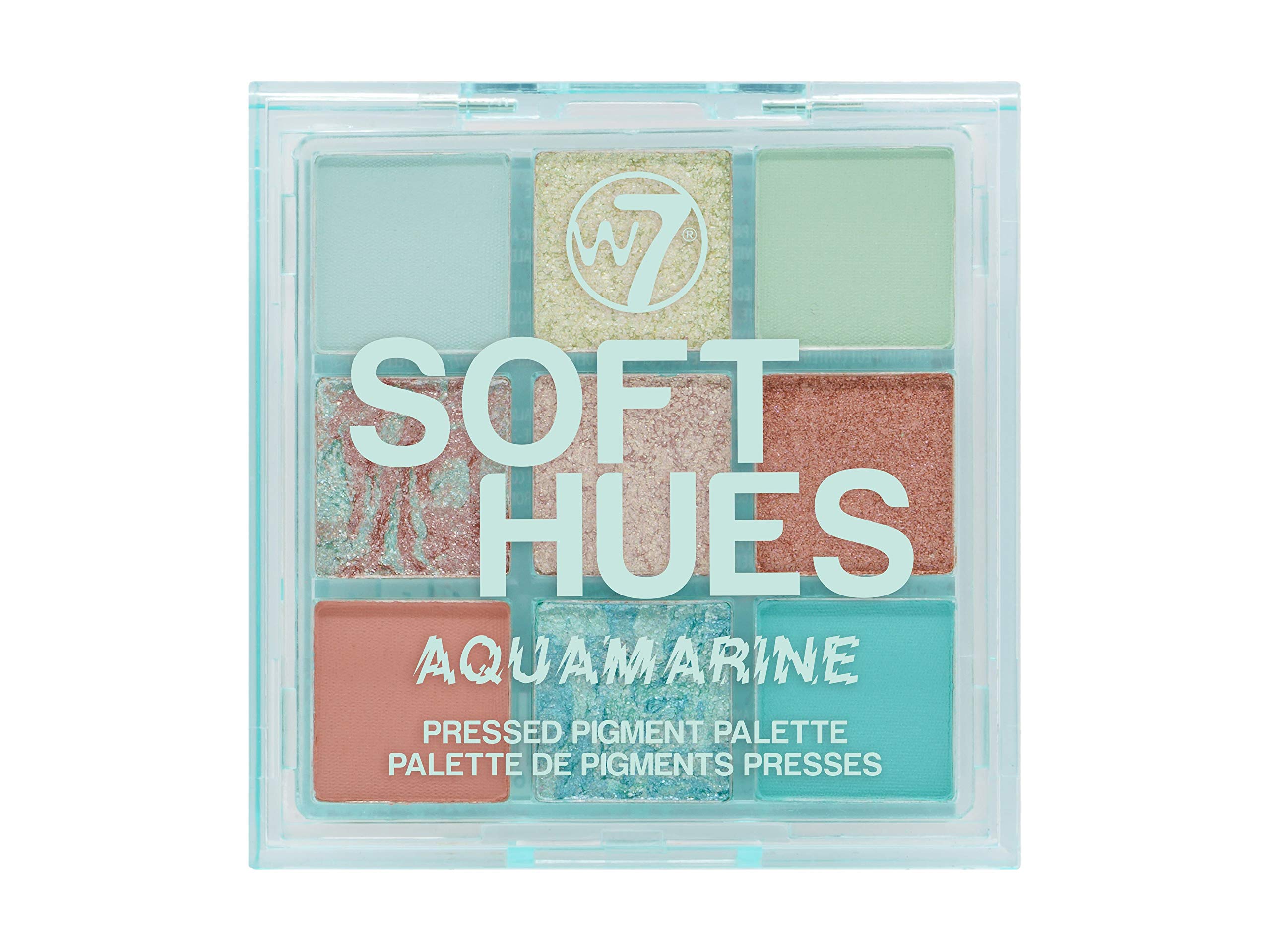 W7 | Soft Hues Pressed Pigment Palette | Colorway: Aquamarine | Tones: Mattes and Duo-Chromes | Color: Blues, Greens, Golds and Nudes | Cruelty Free Makeup For Women