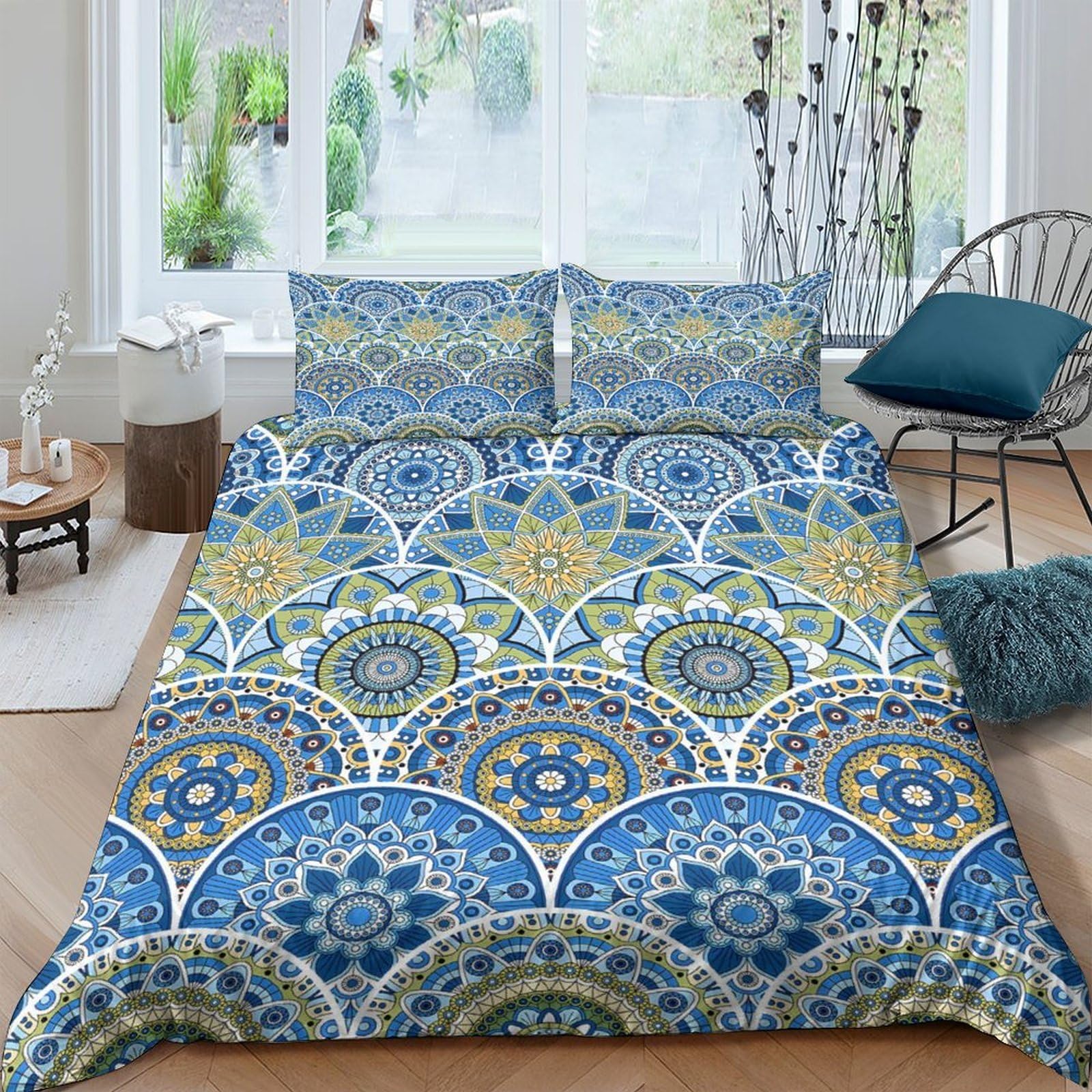 Ctjqhvkz Style-6 3D Printed Blue Mandala Fitted Sheet Microfiber Soft Breathable Moroccan Mosaic Mattress Cover Bedroom Decor Single（135X200cm）