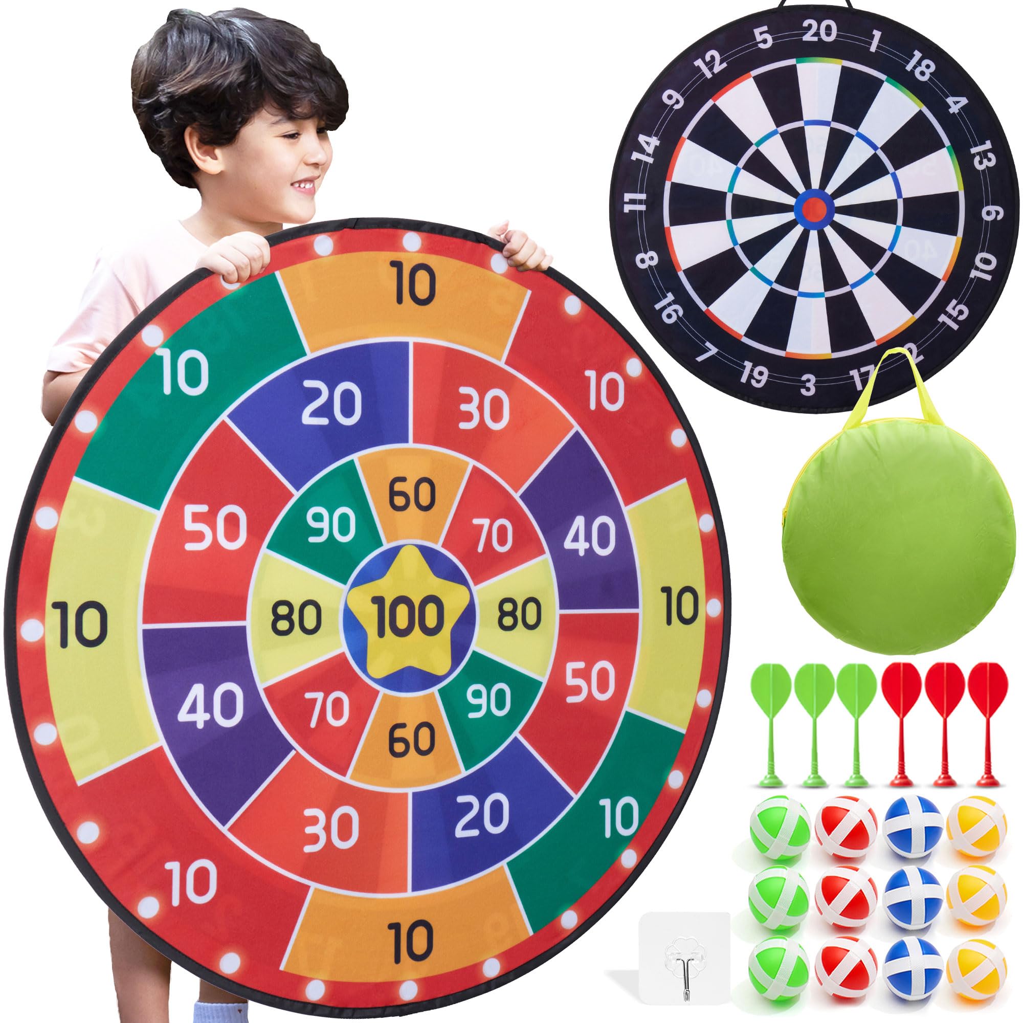 Cheerful Children Toys Jumbo Kids Dart Board Set XL or XXL, Large Velcro Dart Board with Reversible Designs, 16 Sticky Balls & 6 Darts - Indoor & Outdoor Garden Games for Ages 3-8 (Traditional, 100cm)