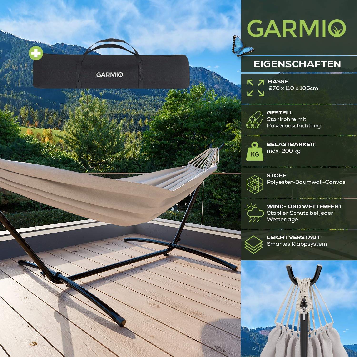 GARMIO® Hängematte beige mit Stahlgestell 270 x 110 x 105 cm, 200 kg Tragkraft, klappbar, pflegeleicht, inkl. Zubehör & Tragetasche für Garten & Balkon