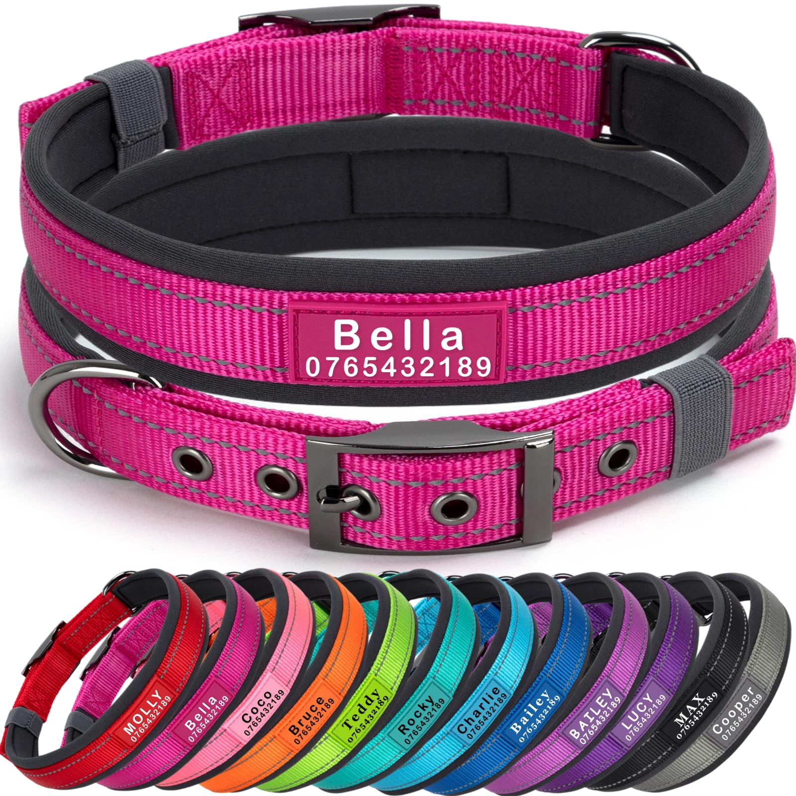 SEOUGEE Personalised Dog Collar with Name and Phone Number | Durable Metal Buckle | Ultra Wide Soft Neoprene Padded | Adjustable Reflective Dog Collar for Medium Large Dogs (XL, Rose Red 57-67cm)