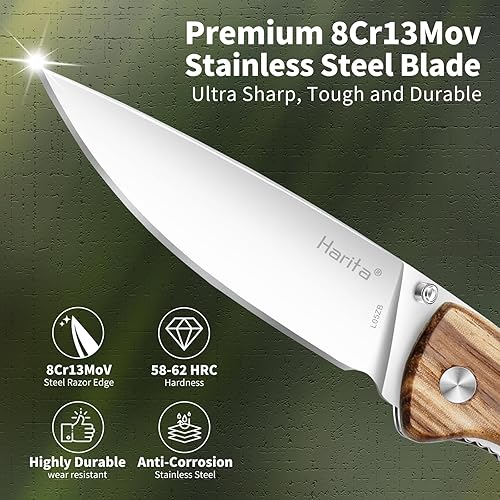 Miniatura 5 de Cuchillo de Bolsillo Plegable Harita, Mango de Madera Zebra, Hoja de Acero Inoxidable 8Cr13MoV, 3.4 Pulgadas, con Clip, Bloqueo de Seguridad,