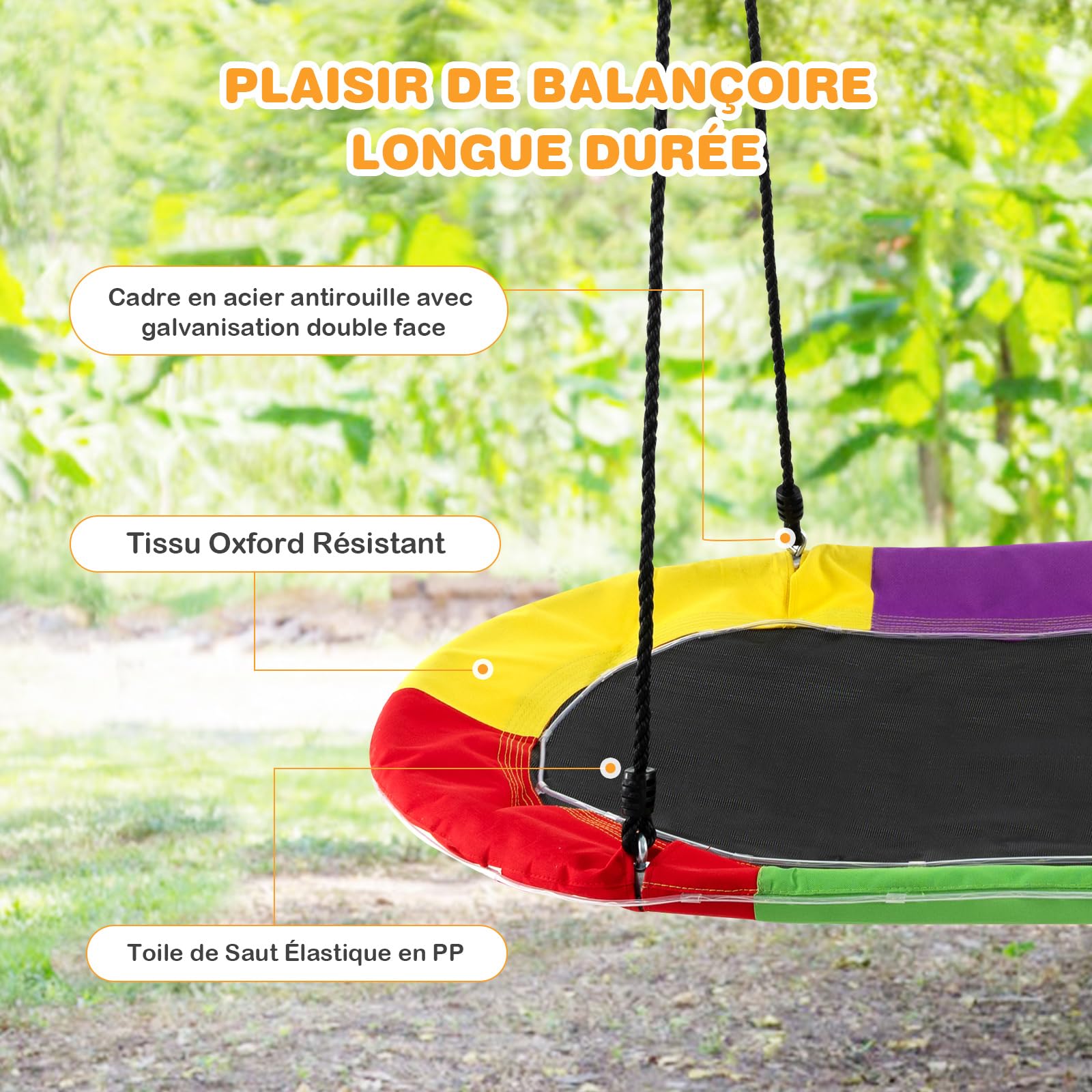 COSTWAY Balançoire Soucoupe Ovale Ø 150 cm avec Lumières LED, Balançoire Nid d'Oiseau en Tissu Oxford avec Cordes Réglables (100-180cm), Intérieur Extérieur, Charge 150kg pour Enfants et Adultes