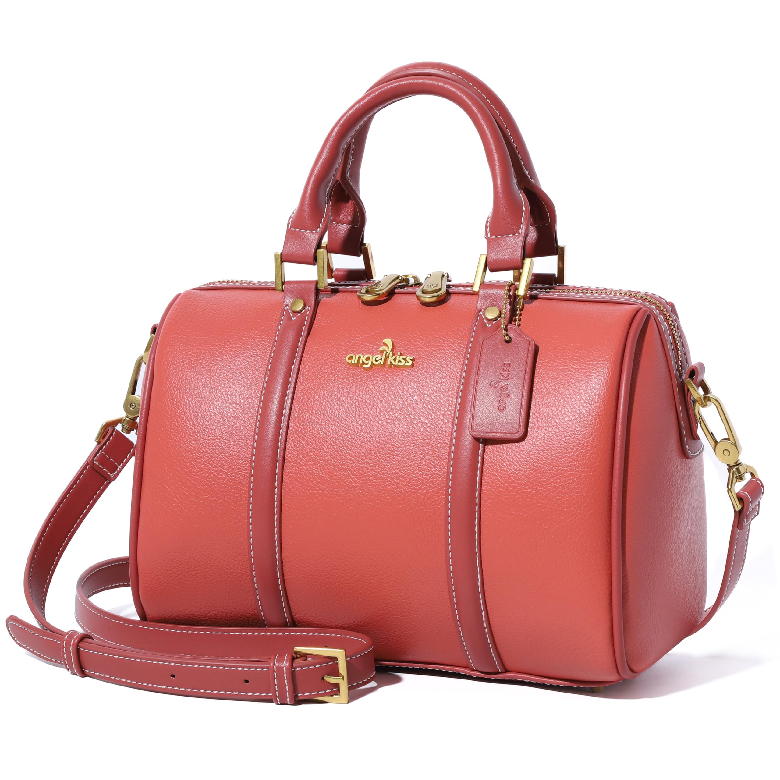 Angel Kiss Women Satchel Purses and Handbags Vegan Leather Boston Barrel Bag Top Handle Shoulder Purse with Crossbody Strap | Vegan Leather, Top