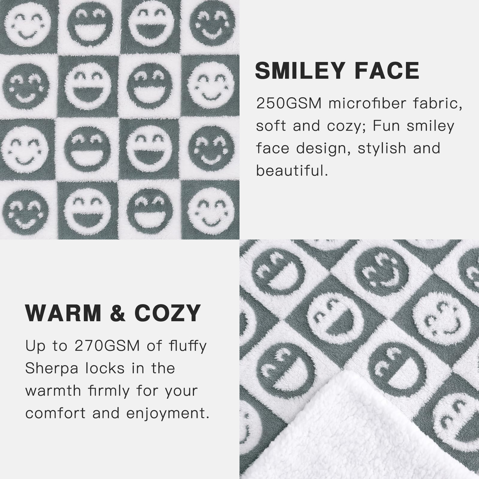 PanxHome Coperta Sherpa, Coperta Pile, 520GSM Coperta Matrimoniale, Super Coperta Jacquard Morbida e Accogliente, 160x200 cm, Smiley Jacquard Grigio