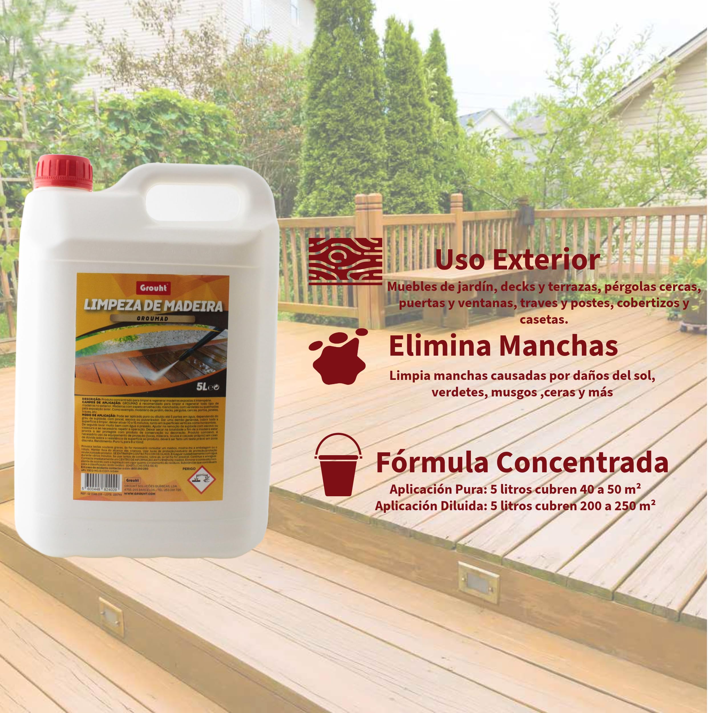 Limpiador Professional de Madera Exterior 5L para Jardín, Decks, Vallas y Puertas Envejecidas con Rendimiento hasta 50 m² contra Musgo, Manchas y Humedad