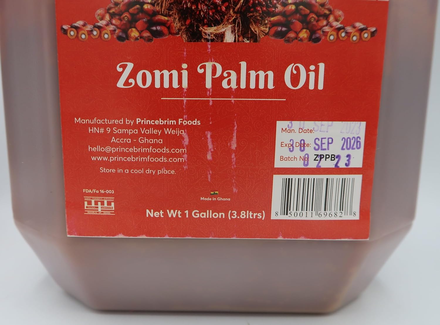 Generic Princebrim foods 100% natural Zomi Palm Oil Net Wt 1 gallon (3.8) liters