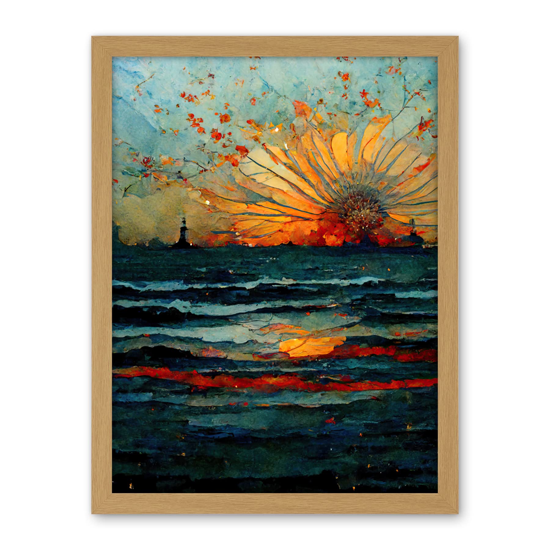 Artery8 Seascape Sunset Port City Waves Horizon Artwork Framed Wall Art Print 18X24 Inch
