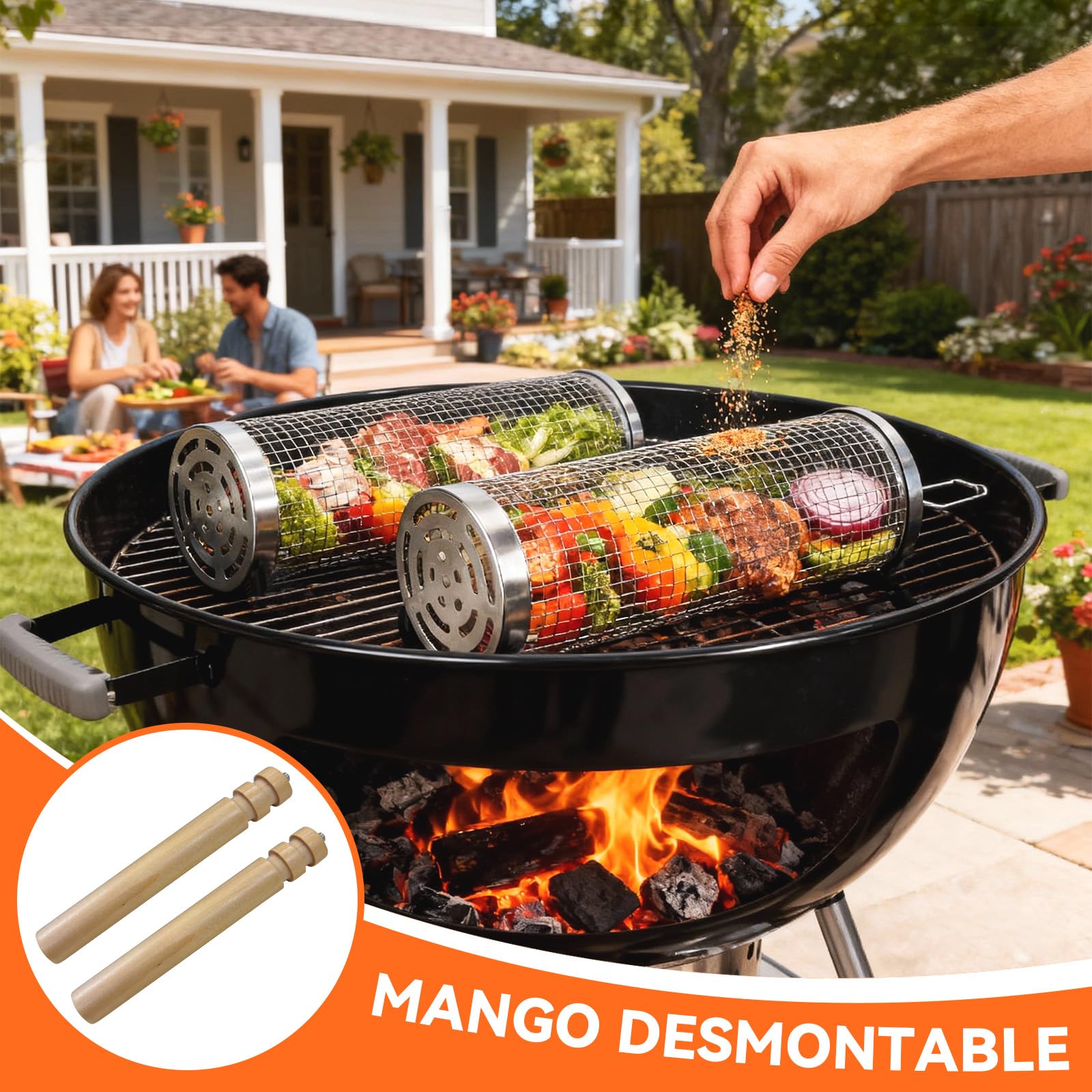 Juego de Cestas de Parrilla de Acero Inoxidable con Mango de Madera - 2 Cestas de Barbacoa Giratorias y Plegables, 31x10cm + 30x9cm, para Verduras, Carne, Pescado en Parrilla y Fogata — view 5