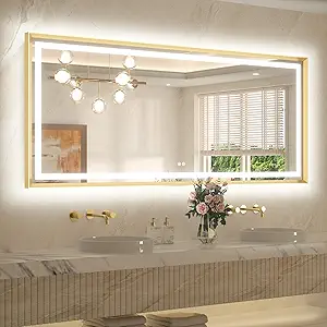 TETOTE 72 x 32 Large Bathroom Mirror Brushed Gold Metal Frame Frontlit & Backlit Vanity Mirror 3 Colors White/Warm/Natural Stepless Dimmable Anti-Fog Bathroom Mirrors for Vanity Wall-Mounted