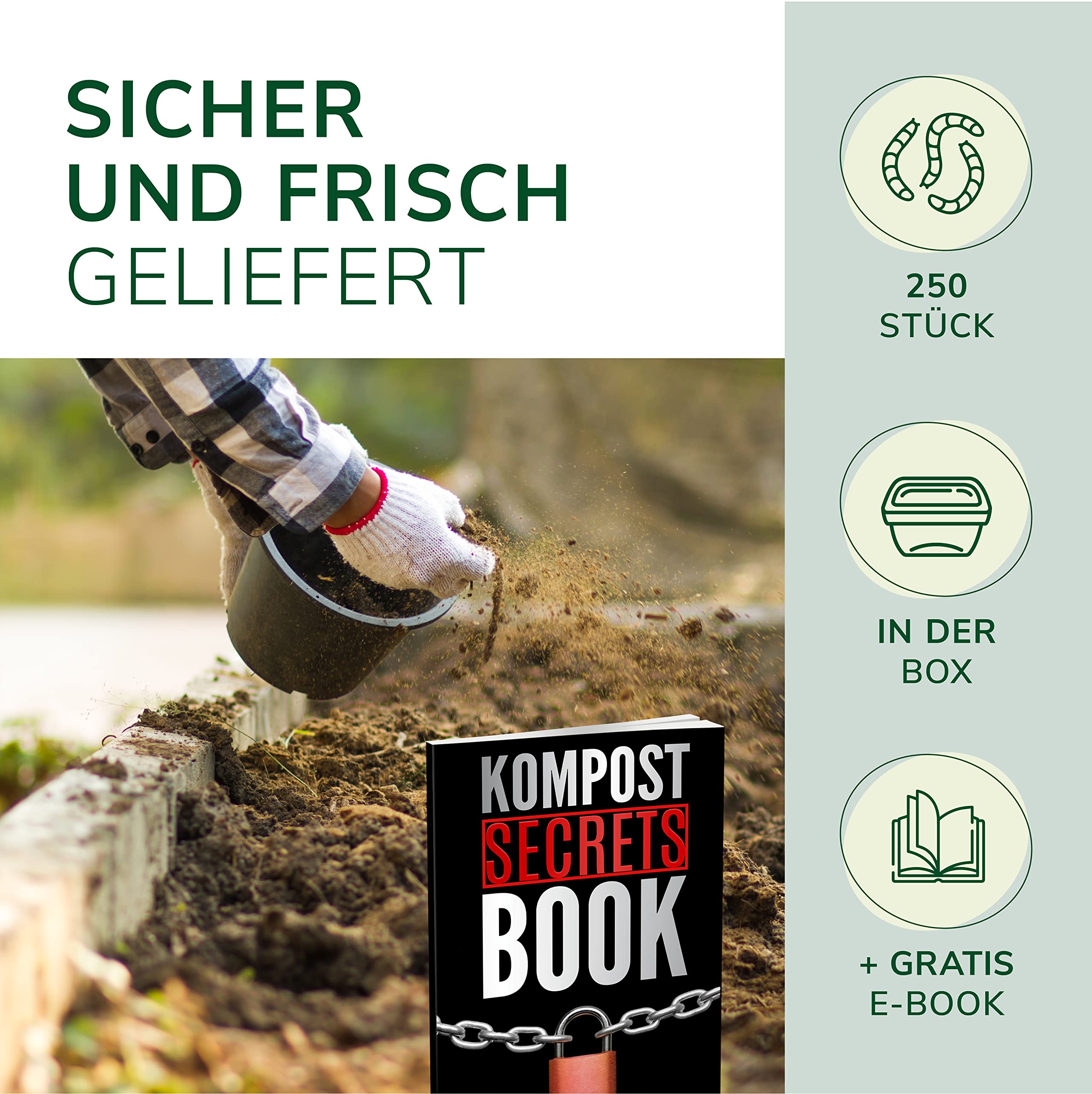 Natursache Kompostwurm-Mix 250 STK./Box + E-Book I Mit 3 Arten lebenden Kompostwürmer I Für eine schnelle & nachhaltige Kompostierung in Schnellkomposter, Thermokomposter und Wurmkomposter etc.