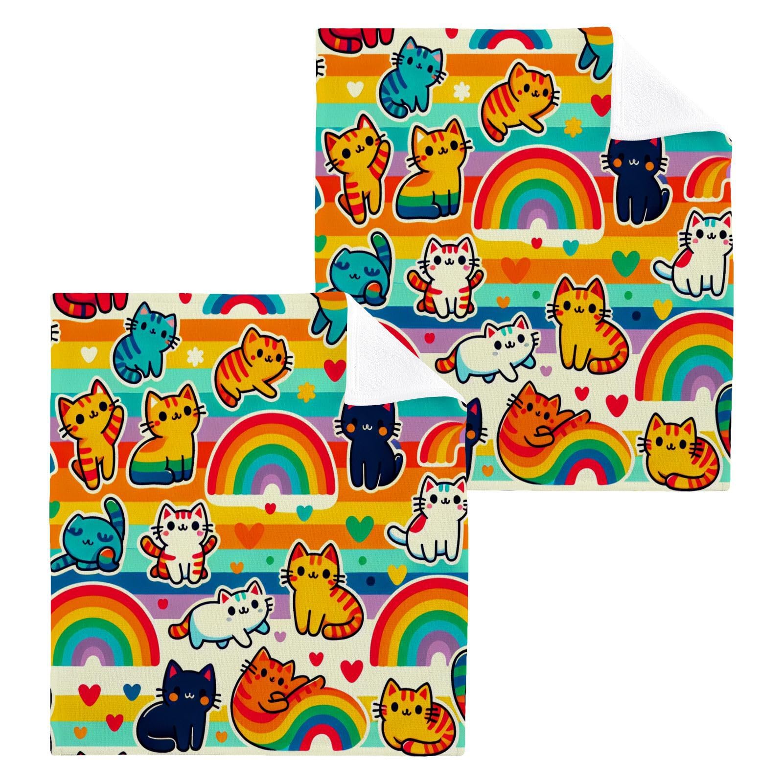 YANENDIE Cute Rainbow Cats Washcloths Towels, Highly Absorbent and Soft Cotton Face Cloths, 2 Pack Quick Dry Wash Cloths - 12 X 12 Inches