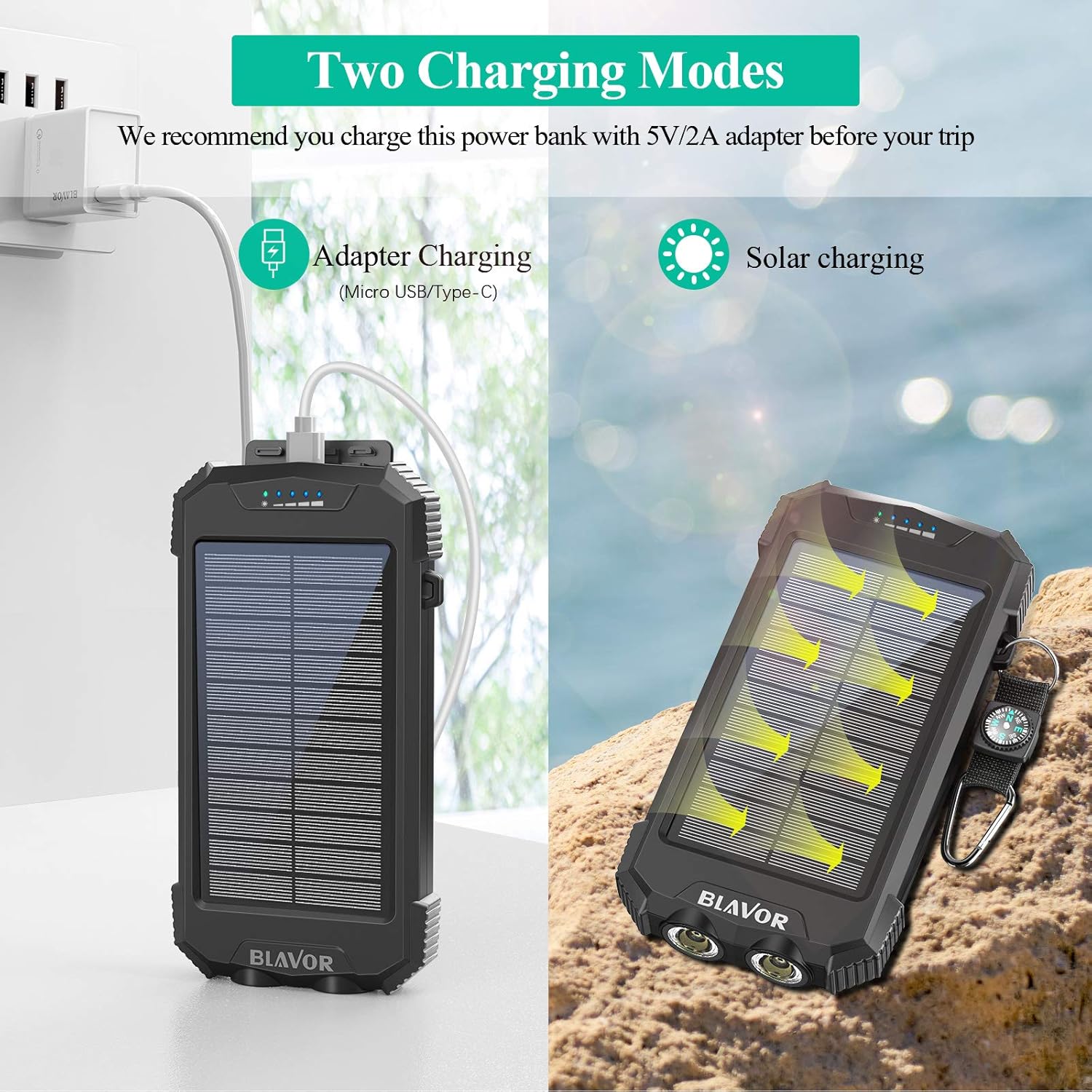 Solar Charger Power Bank, Qi Wireless Charger 10,000mAh External Battery Pack Type C Input Port Dual Flashlight, Compass, Solar Panel Charging (Black) : Cell Phones & Accessories