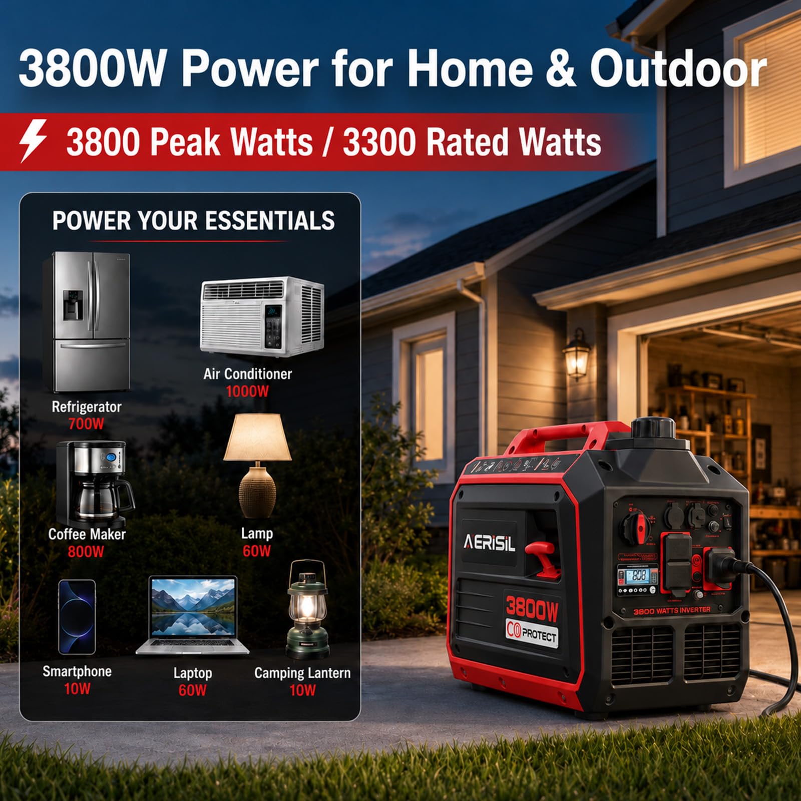 AMERISUN Generatore inverter portatile alimentato a gas da 3800 W, generatore silenzioso con sensore CO modalità ECO, capacità parallela, lunga durata, conforme EPA per tailgating casa campeggio uso