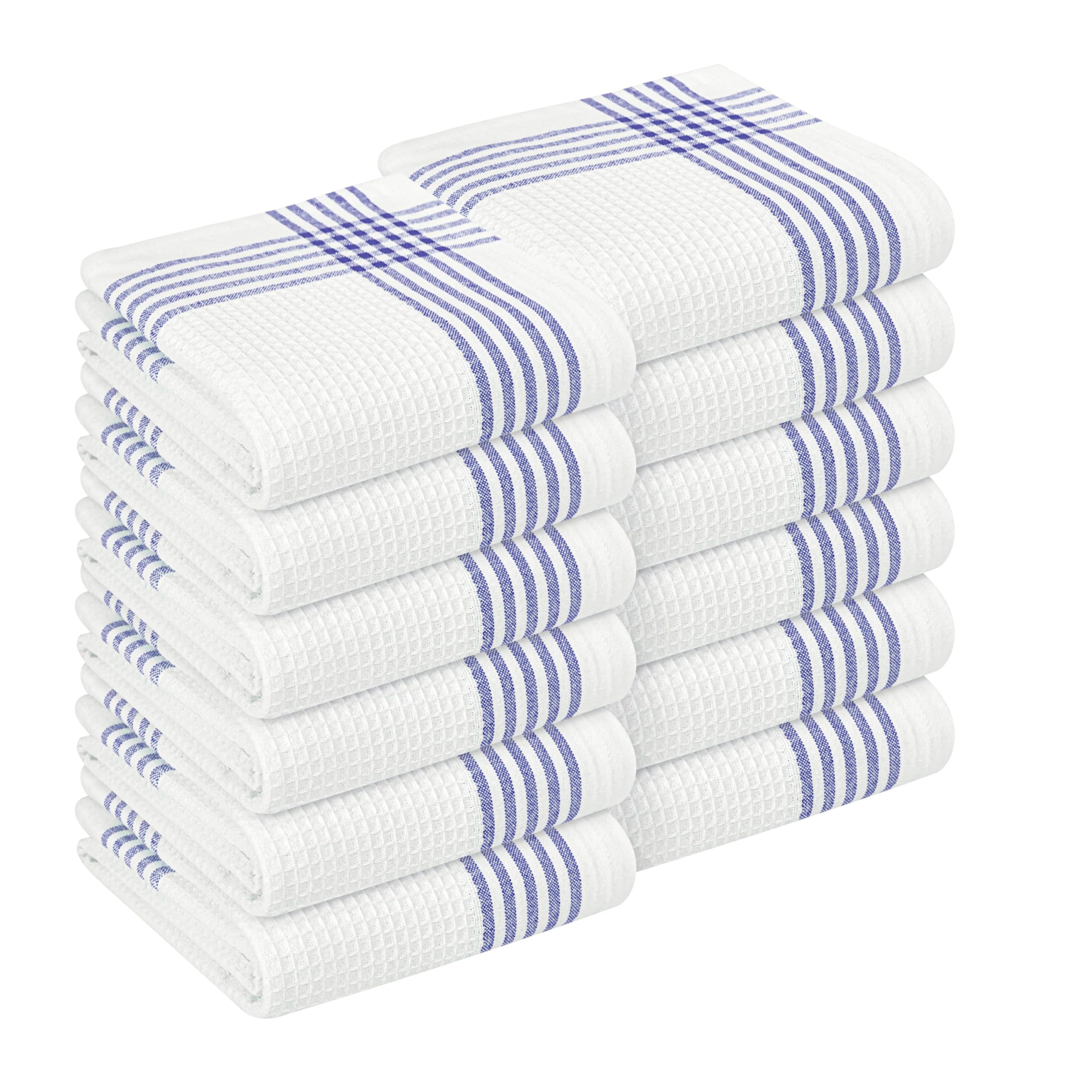 HEIRLOOM COMFORT Indigo Blue and White Waffle Kitchen Towels 12 Pack, 40x66 cm, 100% Cotton, Absorbent & Quick Dry Dish Towels, Soft & Durable Cloths for Cooking, Drying, Cleaning, Machine Washable