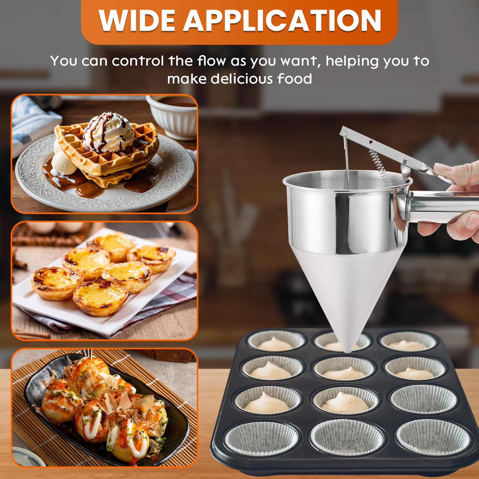 Dispensador de masa, dispensador de masa de panqueques de acero inoxidable, dispensador de embudo de pistón con soporte para postres de pastel de hornear Takoyaki