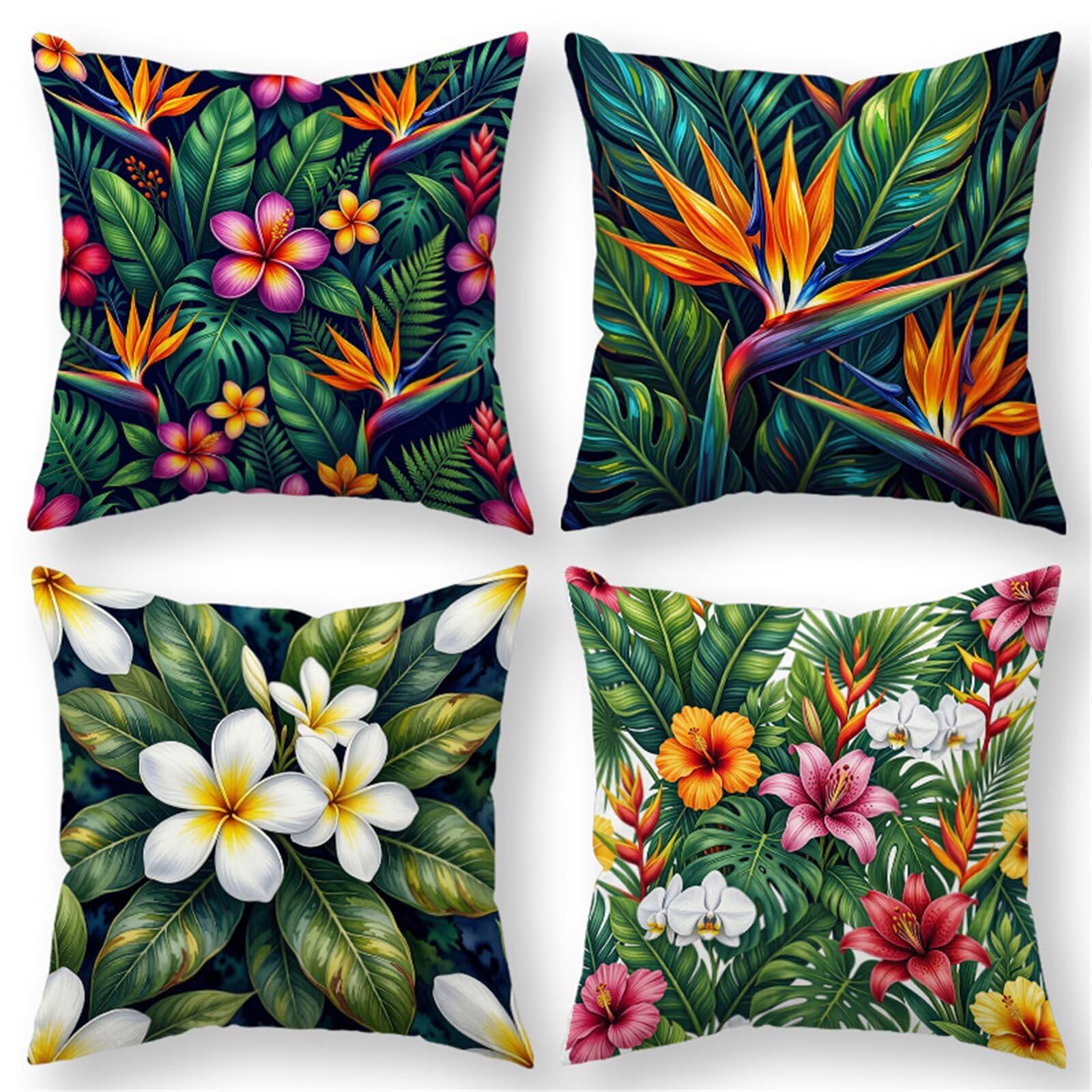 QiHon Green Leaves Flowers Cushion Covers 45x45 cm Set of 4, Decorative Throw Pillow Cases, 18x18 inch Square Linen Pillowcases for Sofa Living Room Bedroo