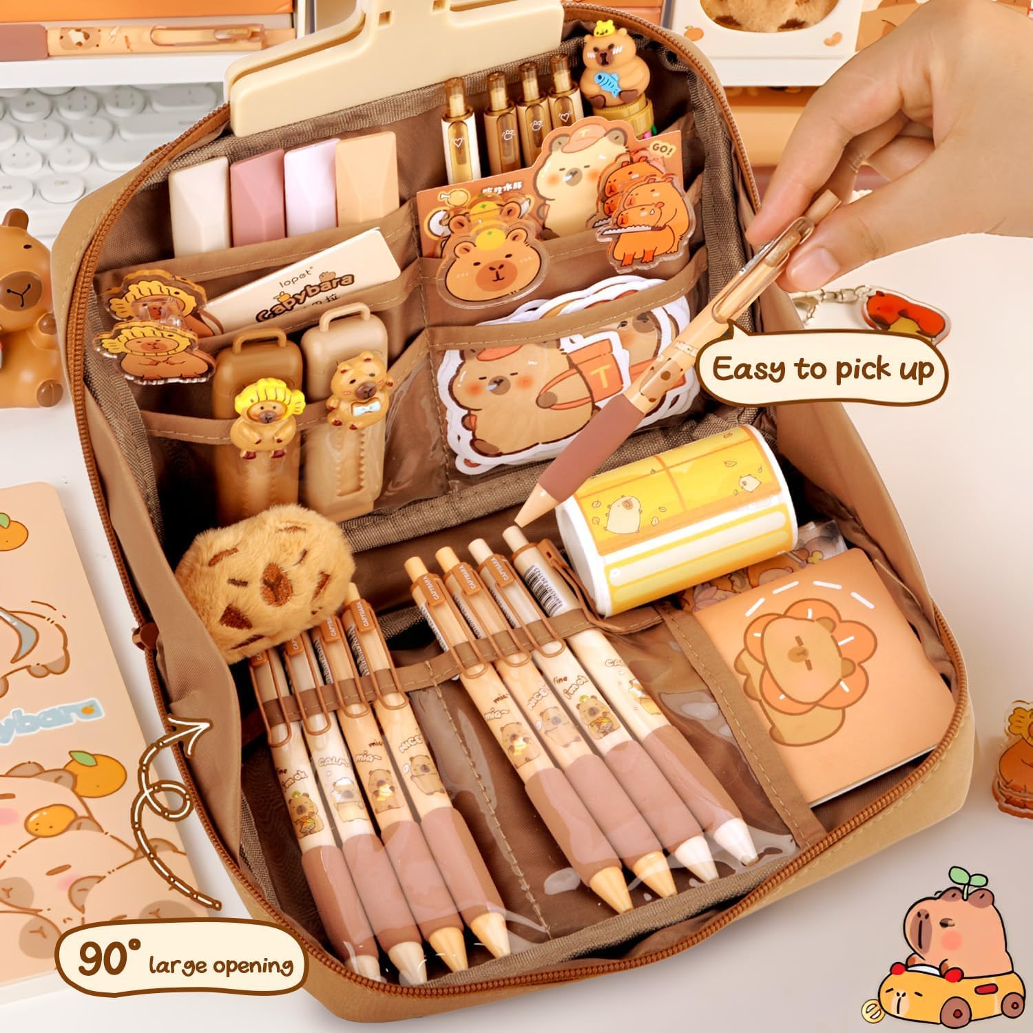 CelestiMingle Capybara Stationery Set, Cute Capybara Pencil Case with Pens, Eraser, Stickers, Keyring & Ruler, Large Capacity Multi-Layer Pencil Case for Kids Boys Girls Students School Gifts (A) - Image 2