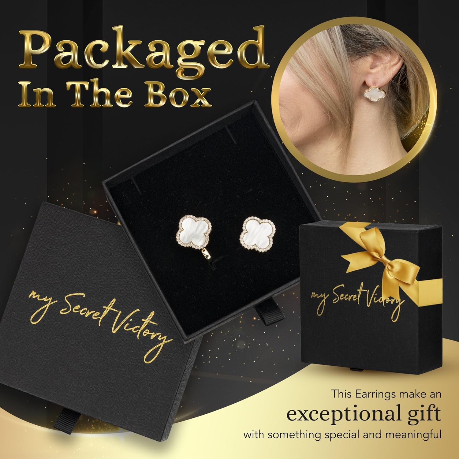 Four Leaf Clover Earrings 18K Gold Plated with Black Agate or White Shell | Mother of Pearl & Cubic Zirconia | Classic English Lock | Tarnish-Resistant Jewelry for Women - Image 4
