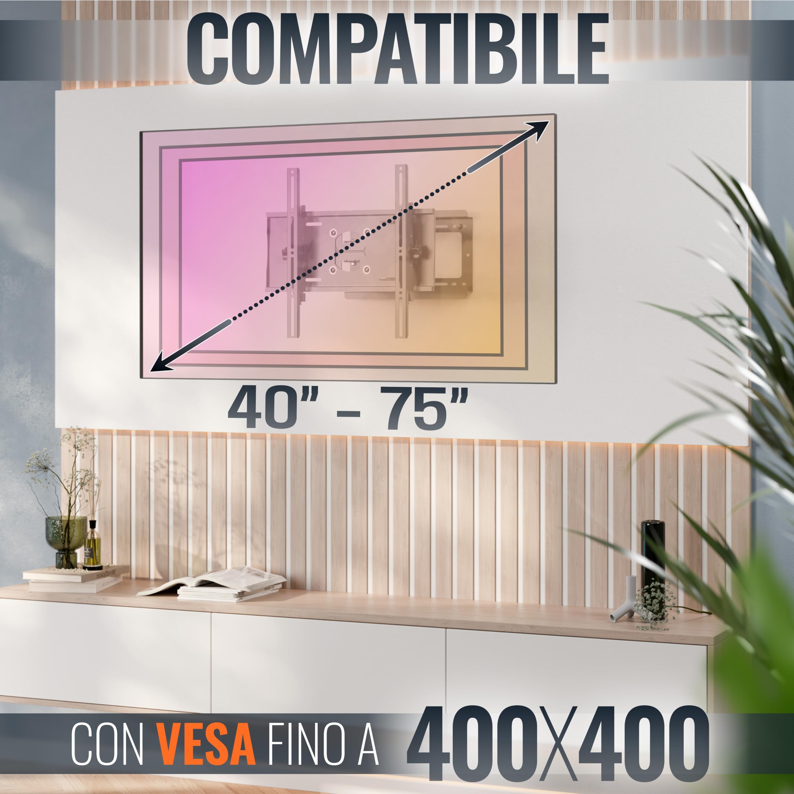 RICOO R23-F Supporto TV da parete Staffa TV 40-75 pollici per 40 43 50 55 65 75 pollici girevole inclinabile fino a 95 kg max VESA 400x400