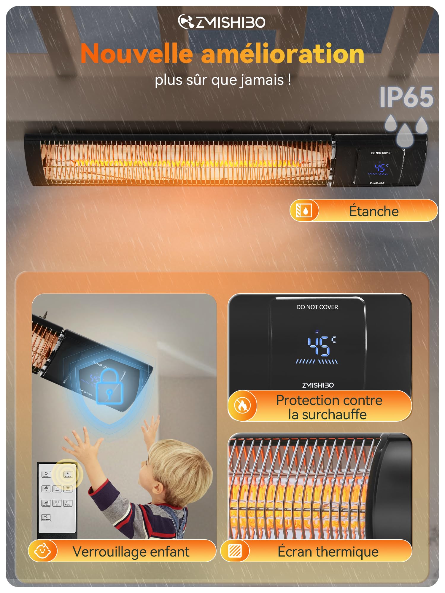 ZMISHIBO Radiateur Infrarouge 2000W, 4 Puissances, IP65 pour Intérieur & Extérieur, Montage Mur/Plafond, avec APP, Écran LED, Détection Fenêtre Ouverte & Sécurité Enfants
