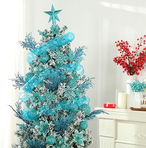 Miniatura 6 de Juego de 68 adornos para árbol de Navidad con purpurina inastillable, adornos de bola de árbol de Navidad, flores de nochebuena, cinta con alambre,