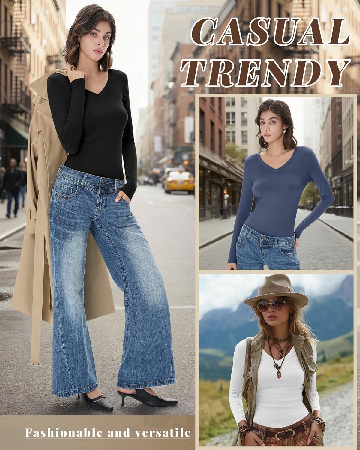 6 Pack Women's V Neck Shirts Long Sleeve Top Slim Fit Casual Undershirts Layer Basic Tee Fall Outfits - Image 5