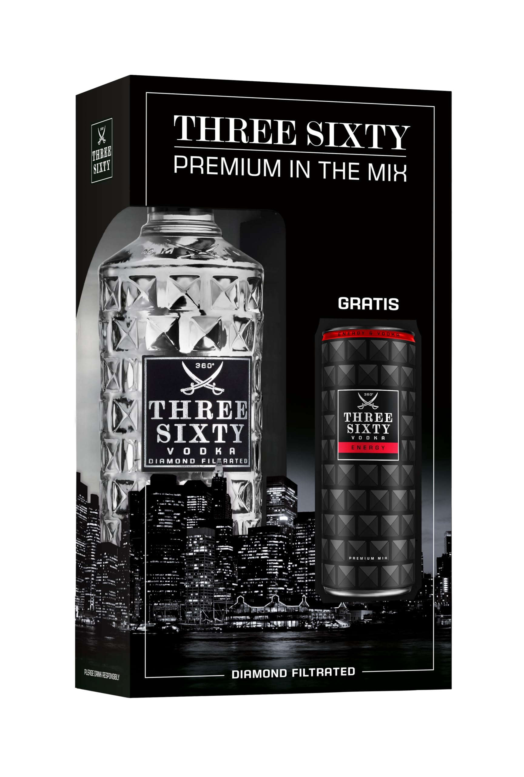 THREE SIXTY VODKA Geschenkverpackung | Original 0,7l, 37,5% vol. + RTD Dose Vodka Energy 0,33l, 10% vol.
