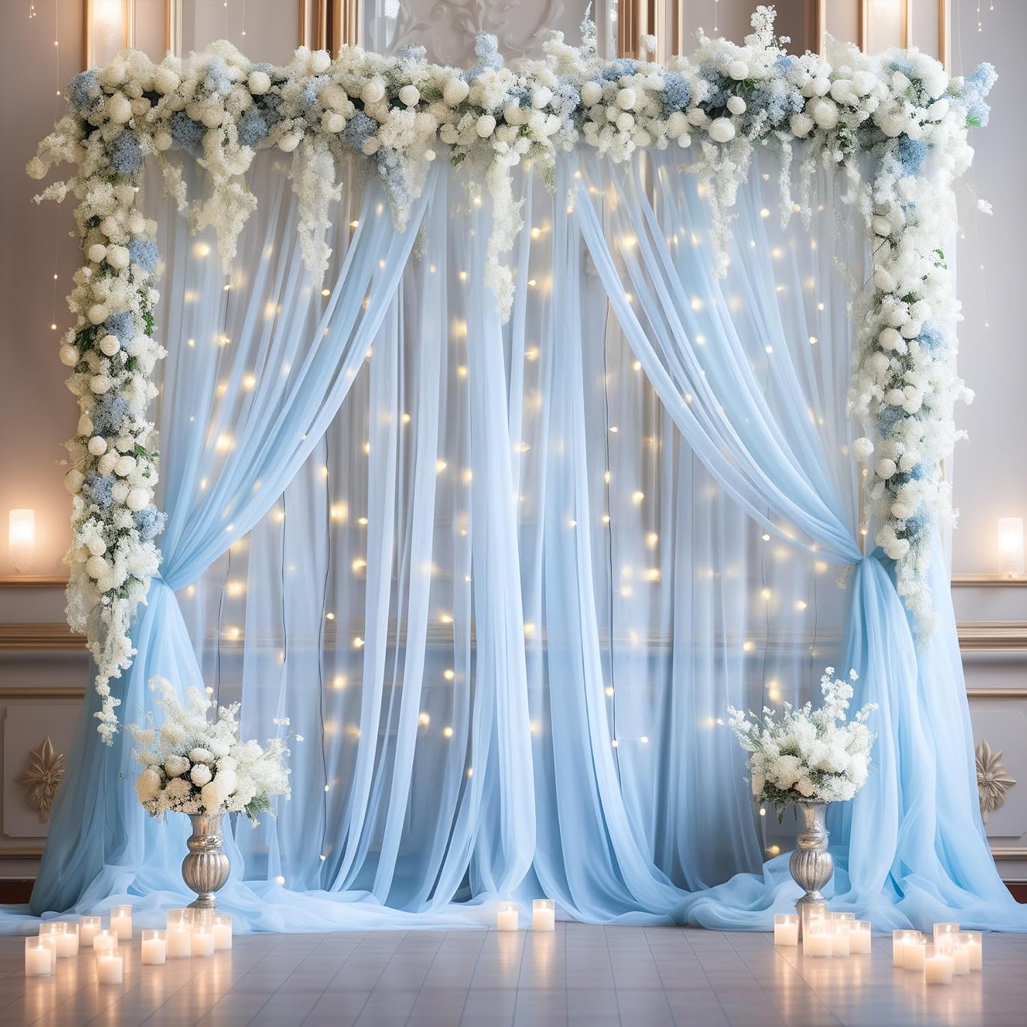 20x10ft Baby Blue Tulle Backdrop Curtain with Lights String for Parites, Sheer Photo Backdrop Curtains with Lights for Wedding Backdrop Ceremony Reception Bridal Shower Baby Shower Birthday Party