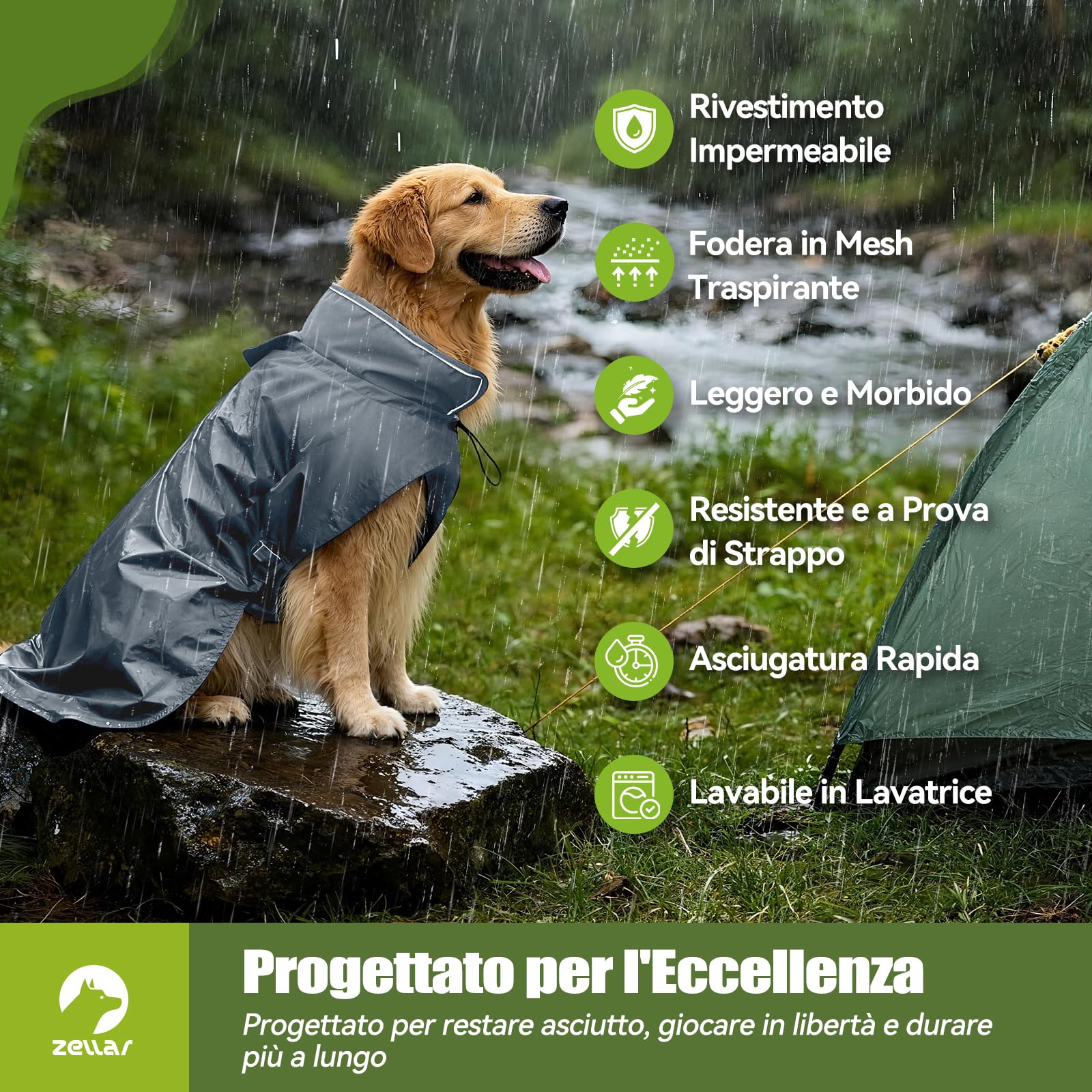 Zellar Impermeabile per Cani Regolabile, Leggero con Buco per Collare e Strisce Riflettenti, Vestibilità Facile, Traspirante Cappotto Pioggia Cane Taglie Media e Grandea (XL, Grigio)