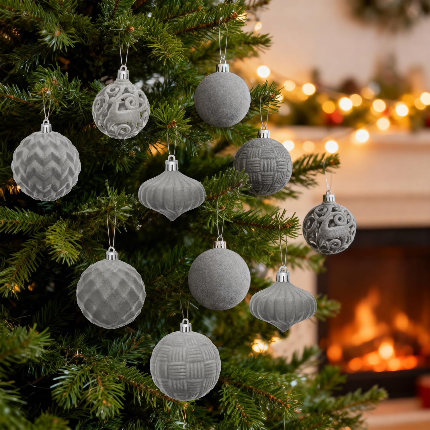 Artmag Samt-Weihnachtskugel-Set, 46 Stück, bruchsicher, beflockt, Kunststoff, verschiedene Größen für Weihnachtsfeiertage, Dekoration, Grau