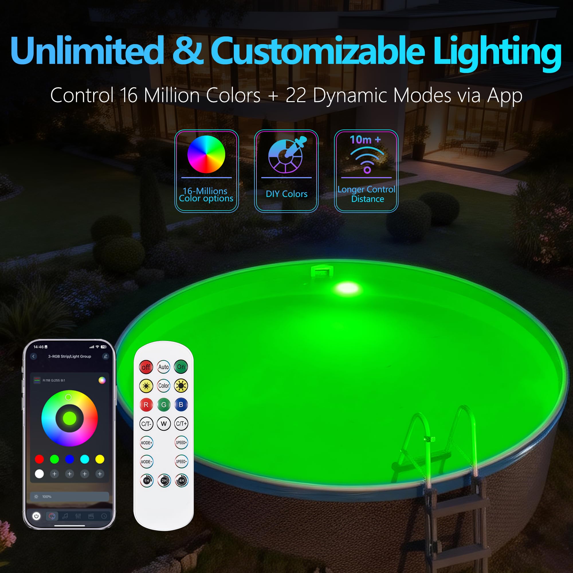 25W Luci Piscina LED con Filettatura 2", 12V RGB Lampade per Piscinas Fuori Terra Acciaio, Controllo APP, Dimmerabile e Timer,IP68 Impermeabile Riempito Resina Faretto Piscinas con Cavo 9,5m