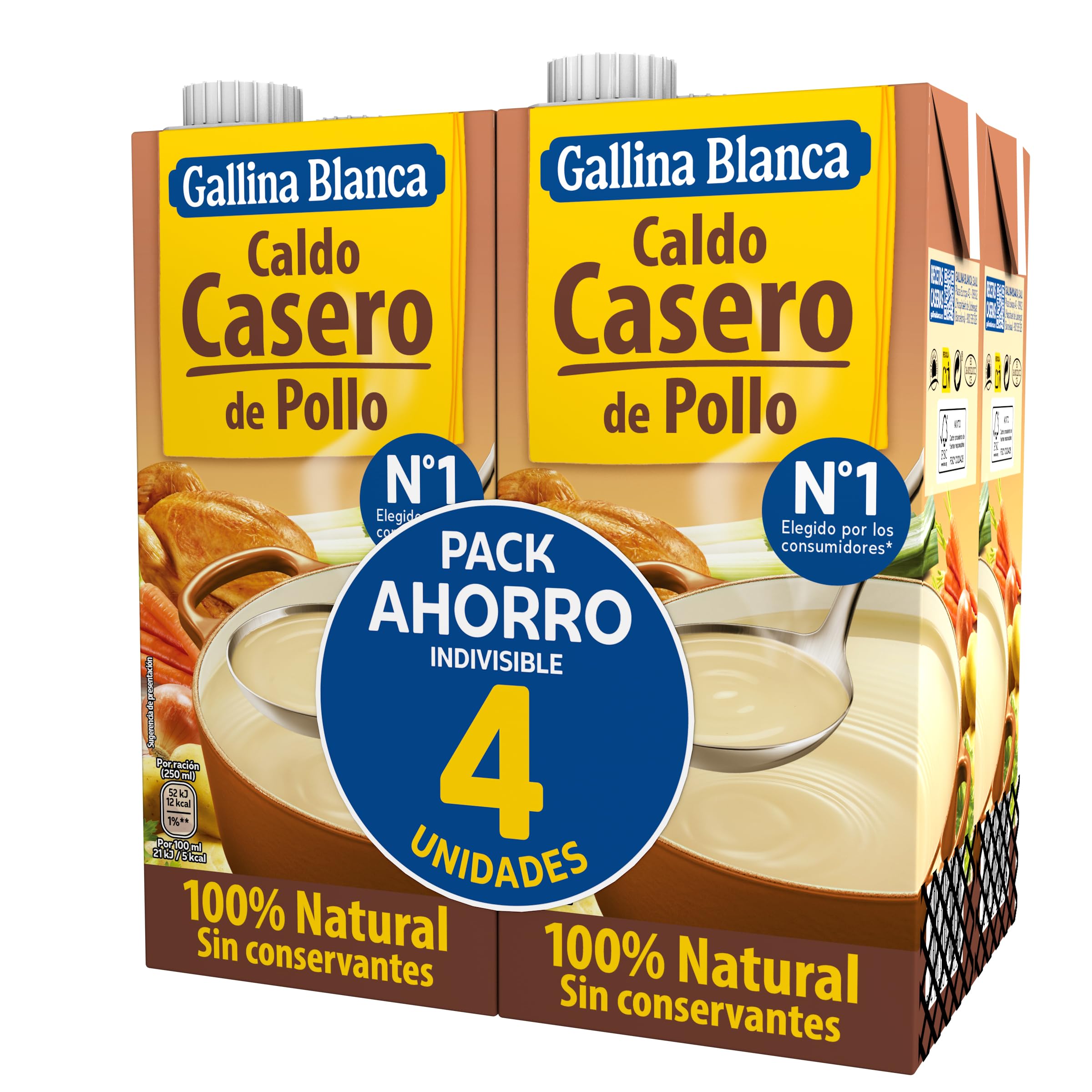 Gallina Blanca - Caldo Casero de Pollo 100% Natural - 1L (Paquete de 4)