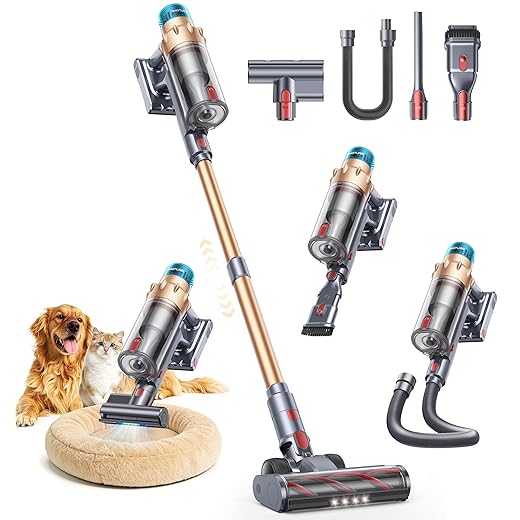 Cordless Vacuum Cleaner, 55KPA 650W 70Mins Stick Vacuum Cleaners for Home with Motorized Bed Brush, Flexible Hose, LED Touchscreen, Auto Mode, Self-Standing & Wall Mount, for Pet Hair Carpet Floor