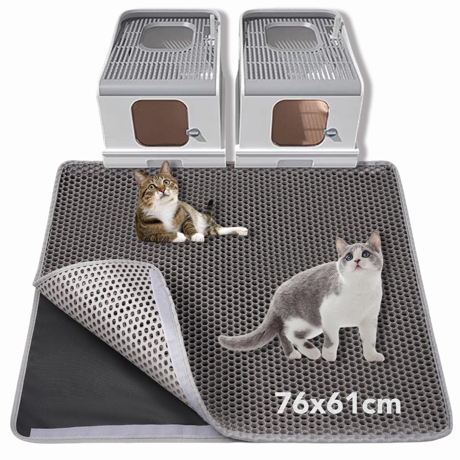 Tappetino per Lettiera Gatti, Design a Nido d'Ape, Impermeabile, Doppio Strato (Grigio, 76x61cm)
