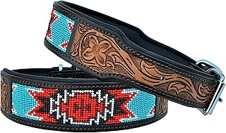 Affilare Dog Collar Western Style Beaded and Tooled Genuine Leather Dog Collar Padded for Extra Comfort 10AB008-Medium, Teal Brown red black