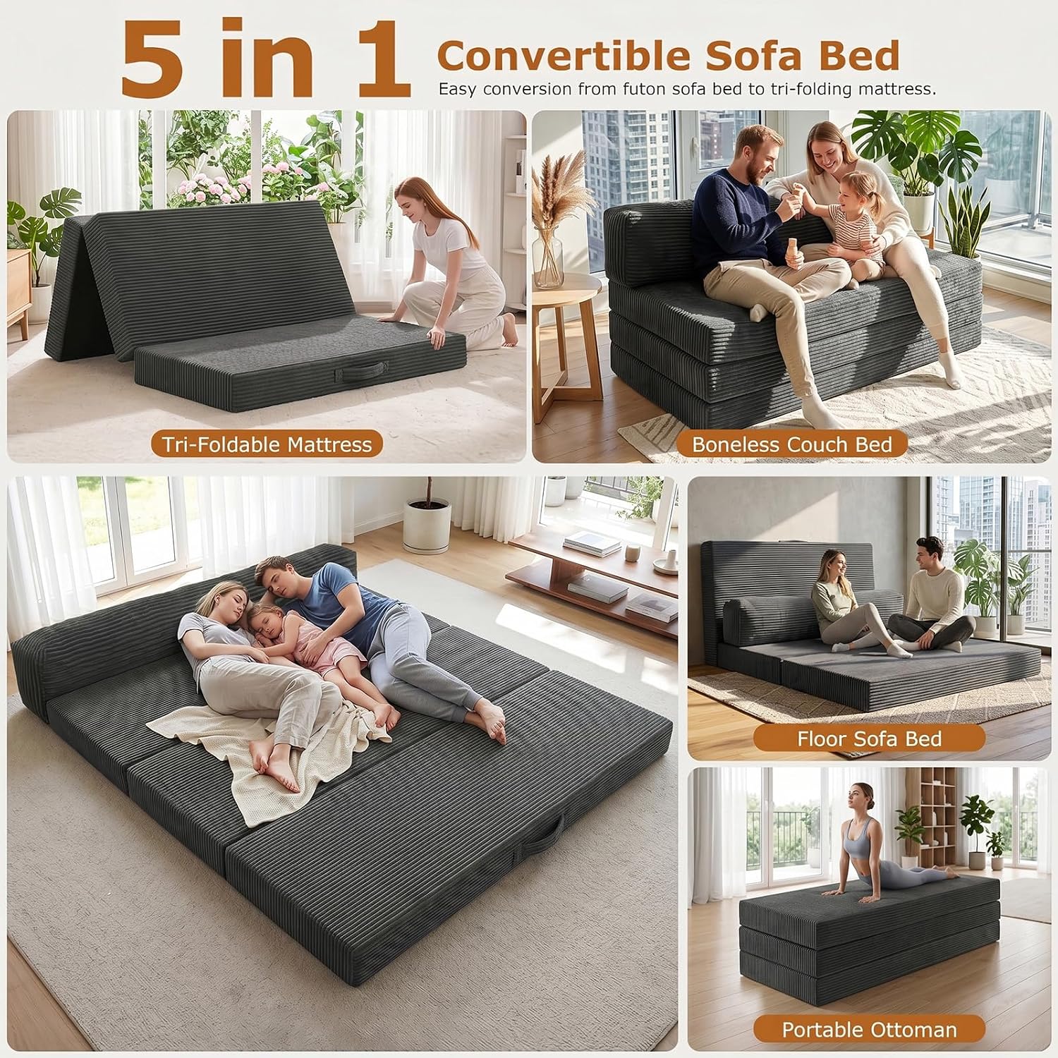 JUIKURY 5 in 1 Foldable Floor Sofa Bed, Tri-Fold Memory Foam Futon Mattress, Convertible Sleeper Couch Guest Bed, Portable Fold Out Sofa Couch for Living Room (Grey, Queen)