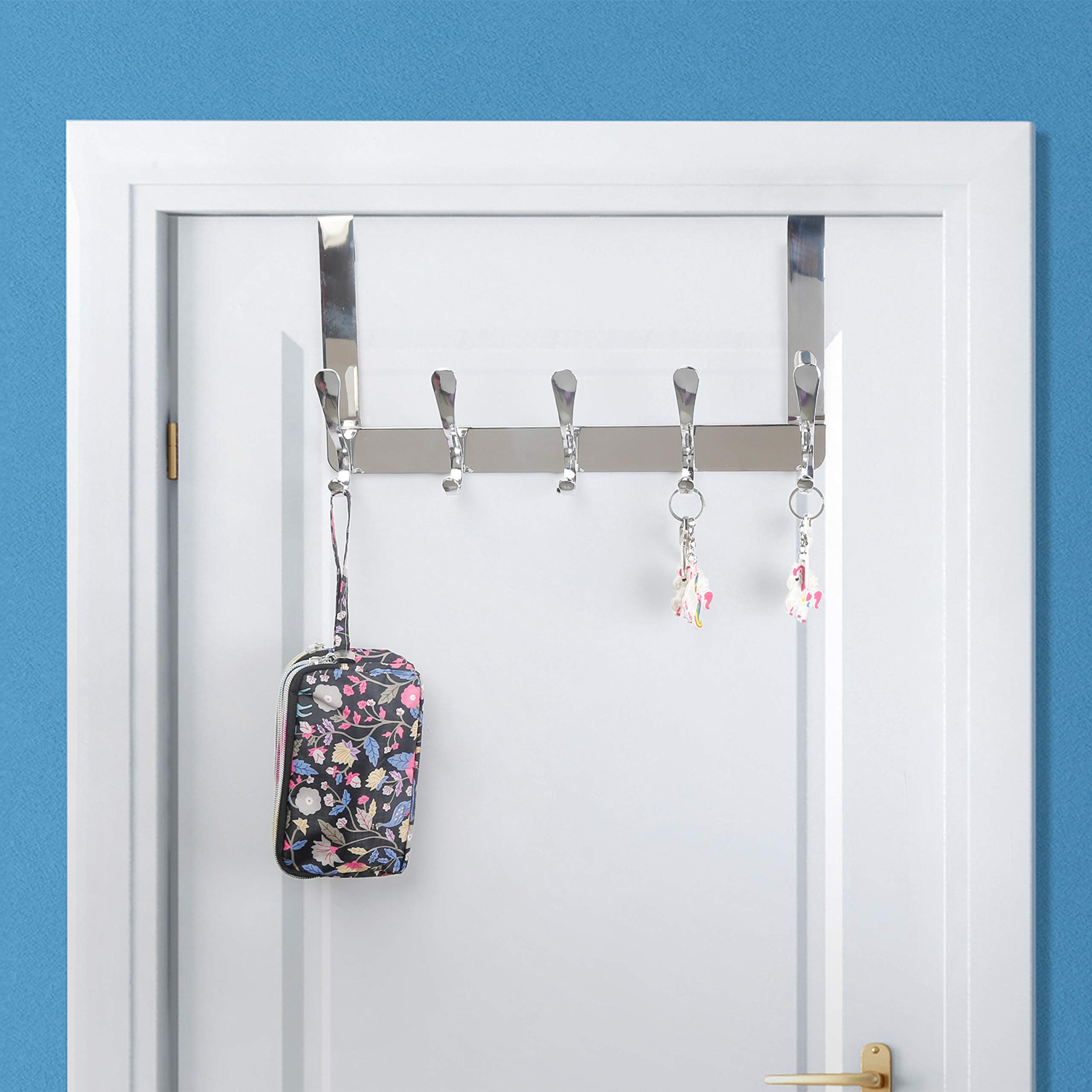 SKOLOO - Appendiabiti da porta con 5 ganci per appendiabiti per vestiti, asciugamani, cappotto, appendiabiti sopra la porta (confezione da 2, argento)