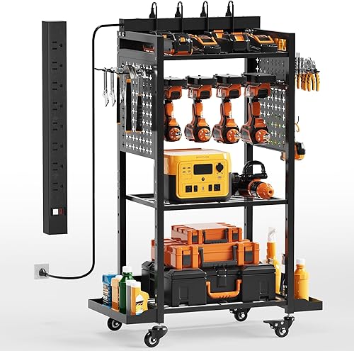 Miniatura 10 de Organizador de Carrito Rodante de Herramientas Eléctricas con 8 Salidas de Cargador, Carrito de Almacenamiento de Herramientas Móvil de Servicio