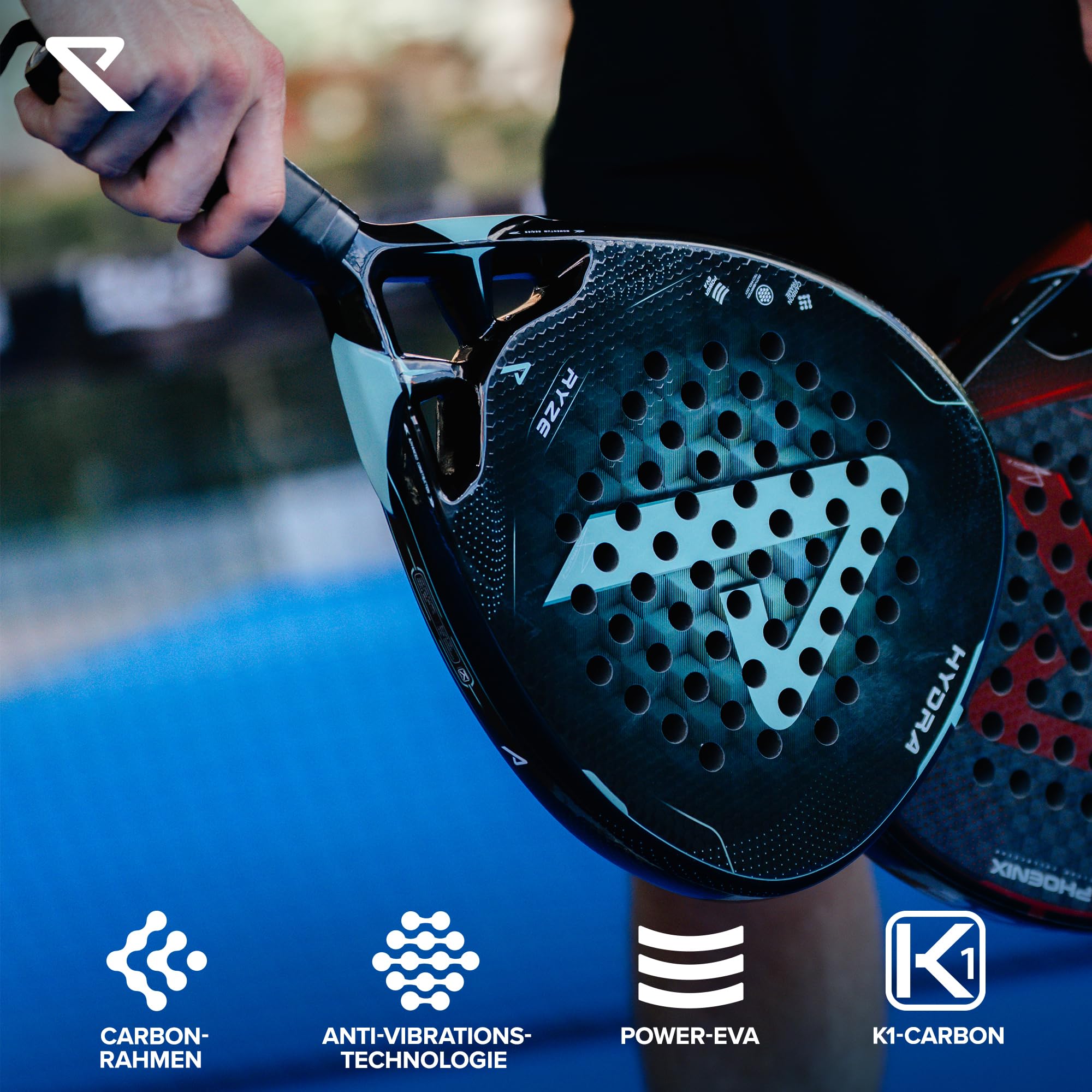 RYZE Hydra Padel Schläger aus 100% Kohlefaser - Maximale Power, Kontrolle & Präzision - 365g mit EVA-18 Schaum - Unisex Padelschläger für Männer & Frauen - Padel Racket Set mit kostenloser Hülle