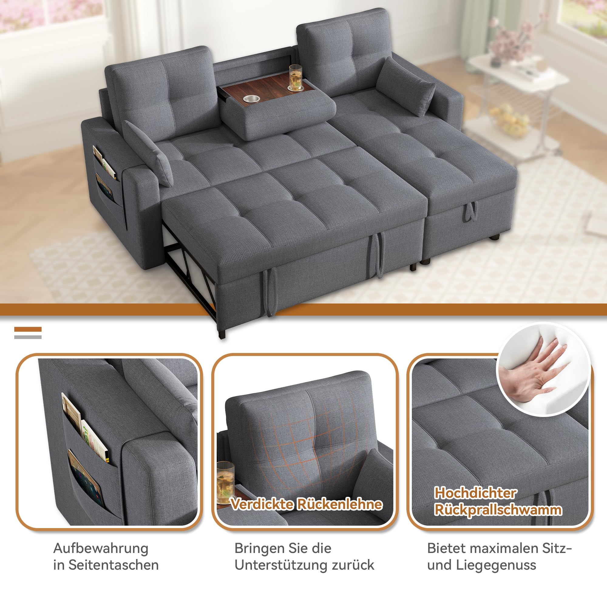 Divano Letto Estraibile con funzione letto, Divano Letto Modulare con Spazio Contenitore e Portabicchieri, Chaise Longue, Mobili imbottiti divano Angolare 3 Posti Forma di L,Grigio