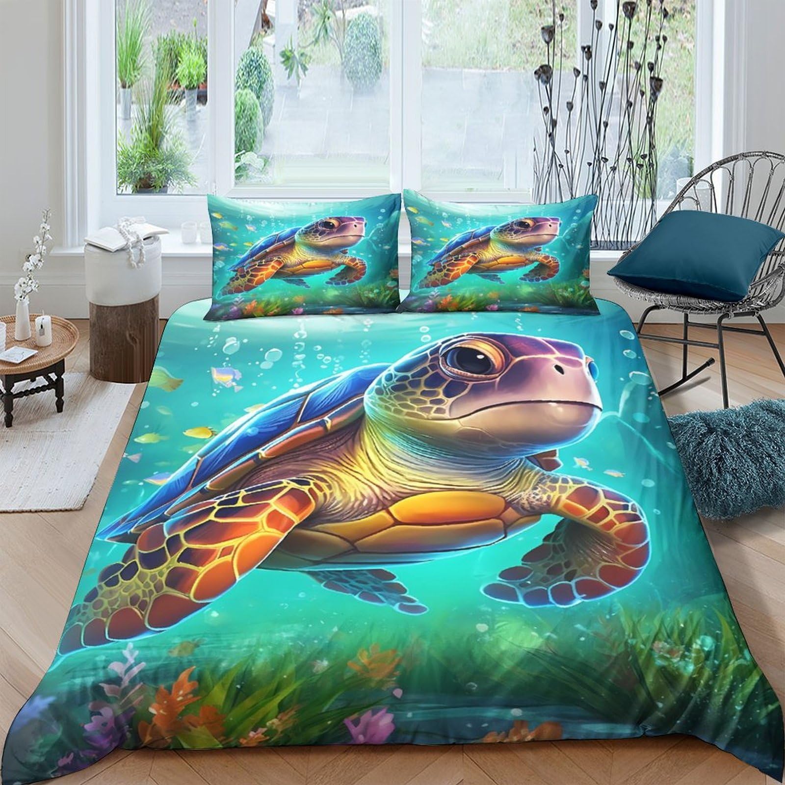 Ctjqhvkz Style-6 3D Printed Sea Turtle Ocean Fitted Sheet Microfiber Soft Anti-Slip Bed Cover Underwater Art Mattress Cover For Bedroom Single（135X200cm）